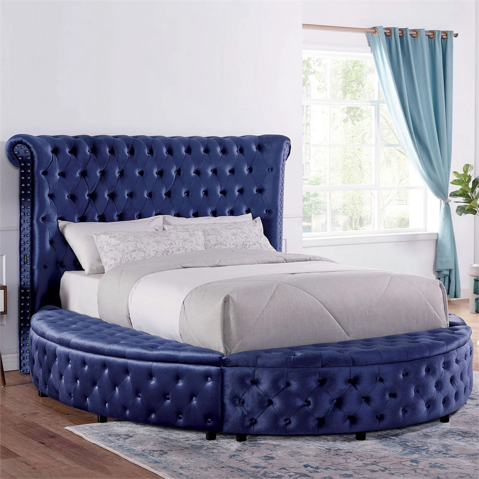 Furniture of America Vriam Glam Fabric Wingback Storage King Bed in Blue