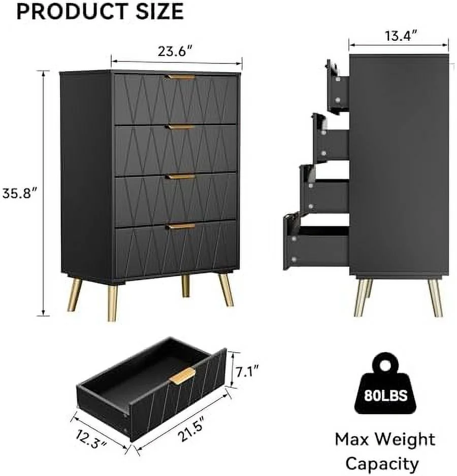 GEROBOOM 4 Drawer Dresser Chest of Drawers Modern Dresser with Organizer Unit for Bedroom Living Room Hallway Entryway Closet(Black)