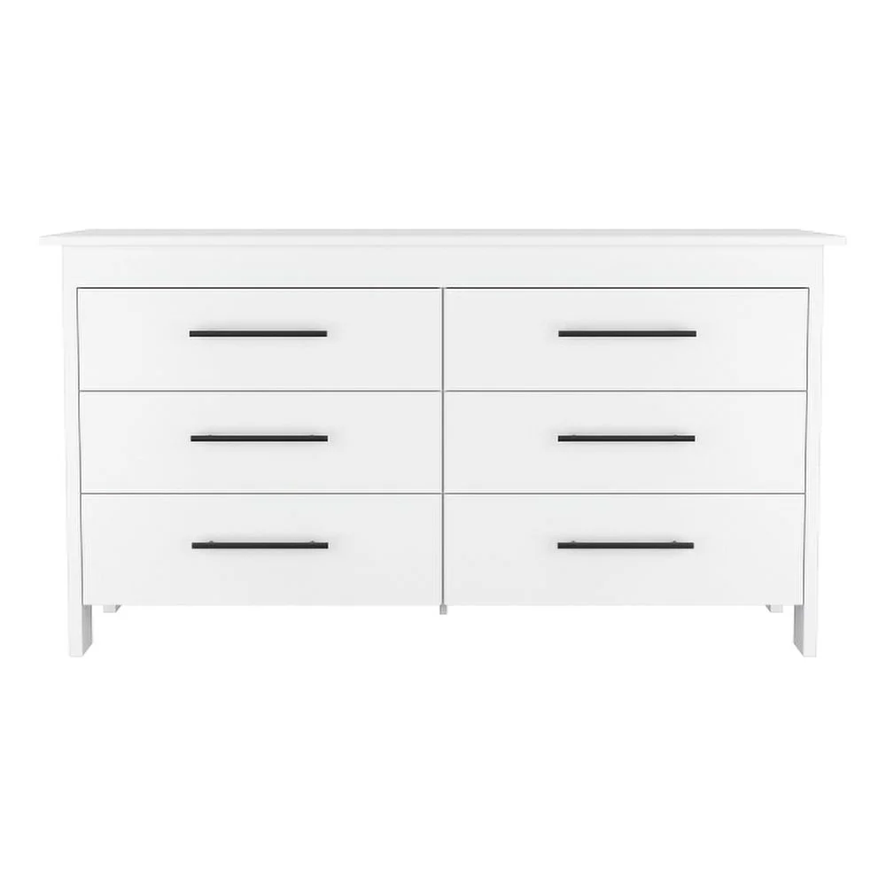 Superior Top 6 Drawer Double Dresser - White, Elegant Storage with Four Legs