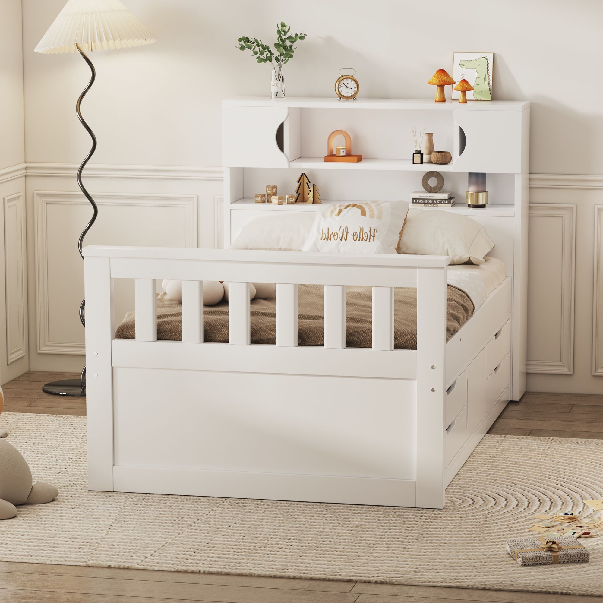Twin Size Solid Captain Wood Bed Frame with Storage Bookcases and Shelves,Four Drawers, Platform Bed Frame, Mid Century Bedframe, Wood Foundation(White, Twin)