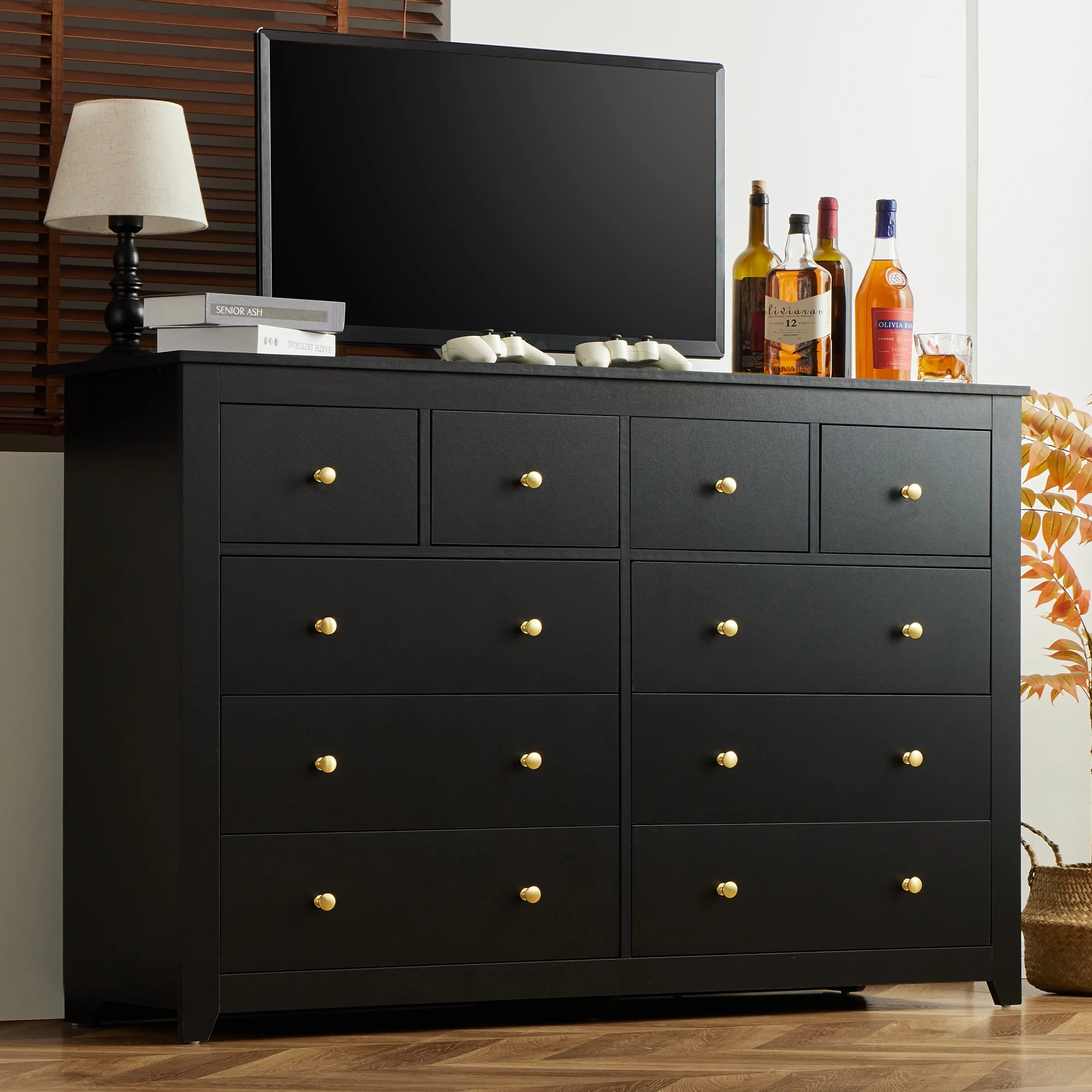 EnHomee Black Dresser for Bedroom 10 Deep Drawers Modern Wood Dressers & Chests of Drawers Wide Dresser with Smooth Metal Rail, Black