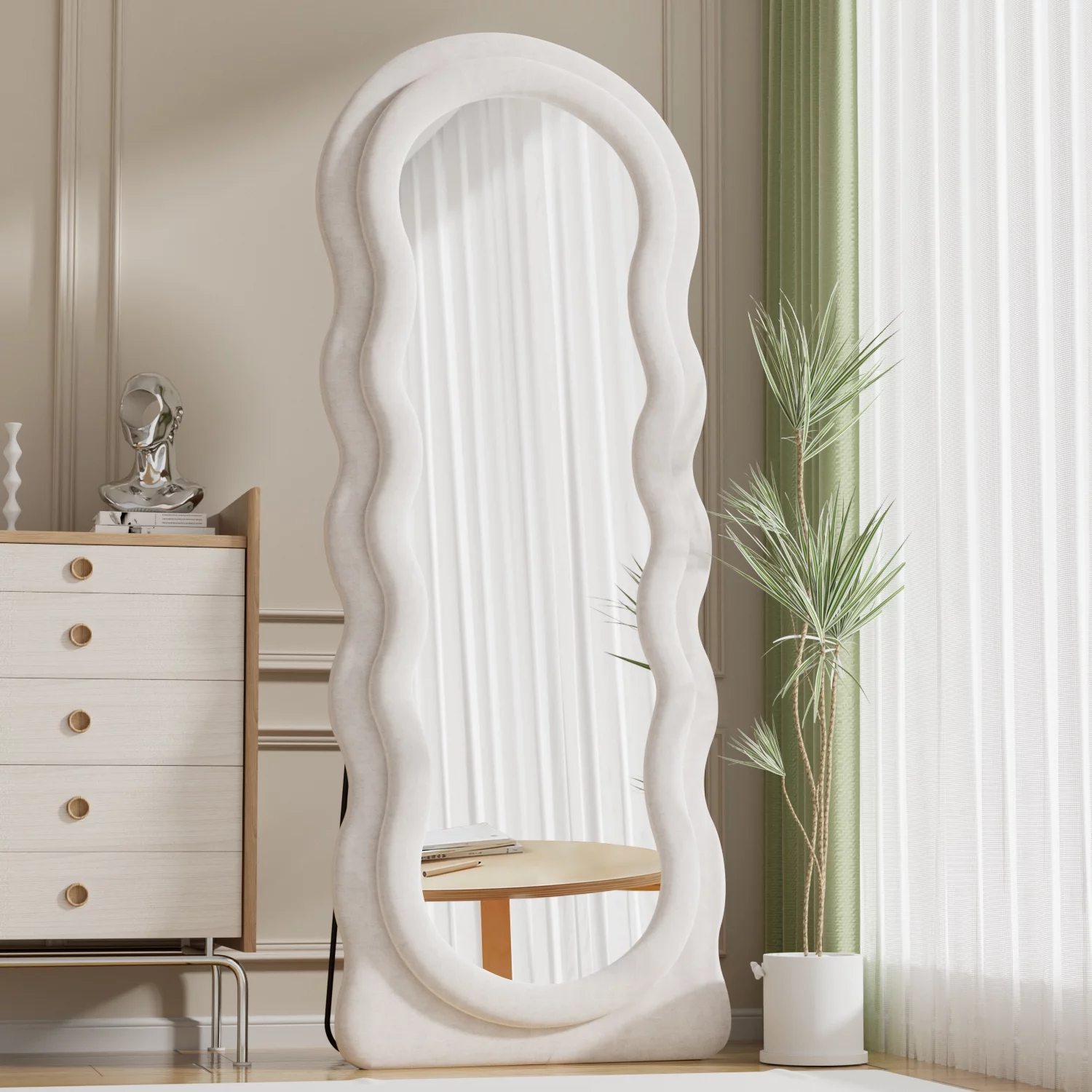 VLUSH Wavy Full Length Mirror, Freestanding Floor Mirror with Stand, 63