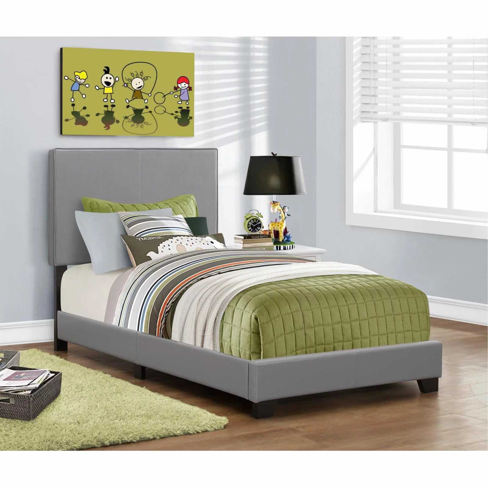Monarch Specialties Bed Twin Size, Grey Leather Look
