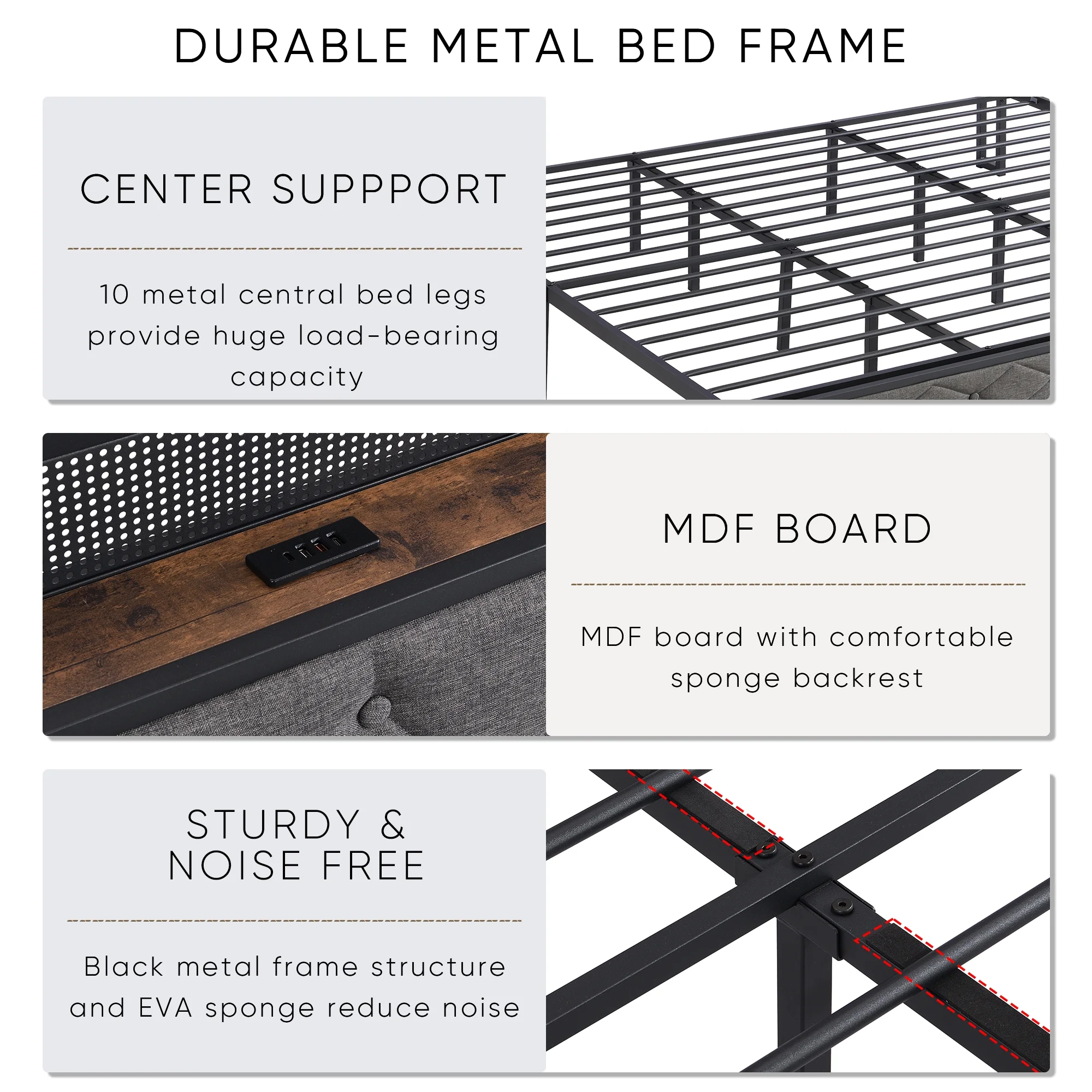 Roxona King Bed Frame with Storage Headboard, Charging Station and LED Lights, Platform Bed with Heavy Metal Slats, Dark Gray