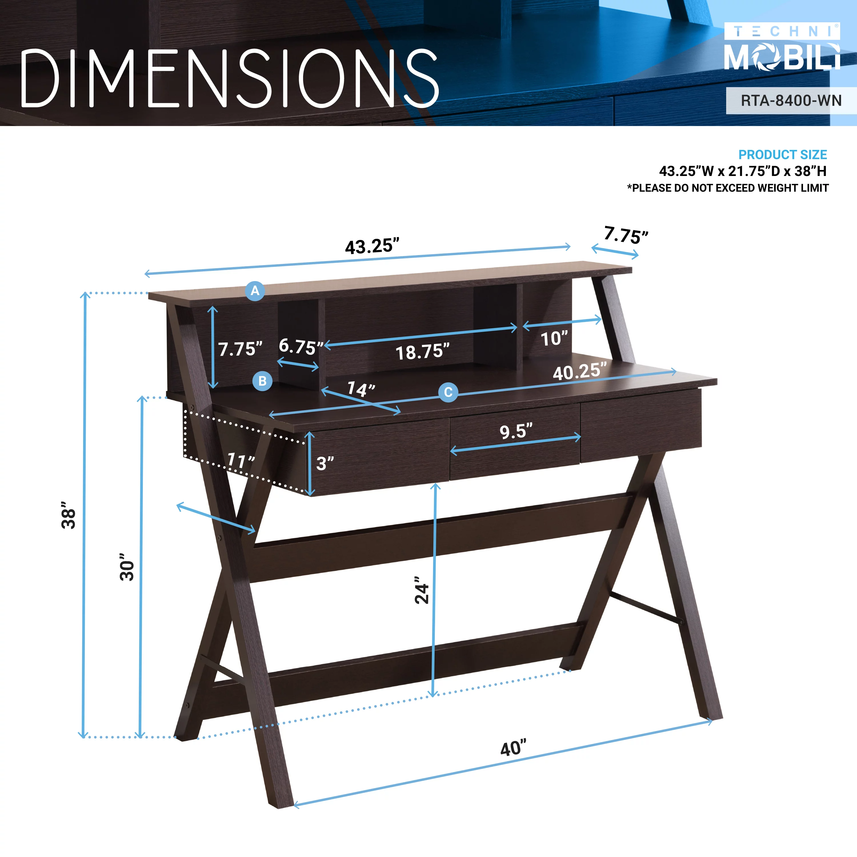 GIA Design Group Writing Desk with Storage, Computer Desk with 3 Drawers & Hutch for Bedroom,Brown
