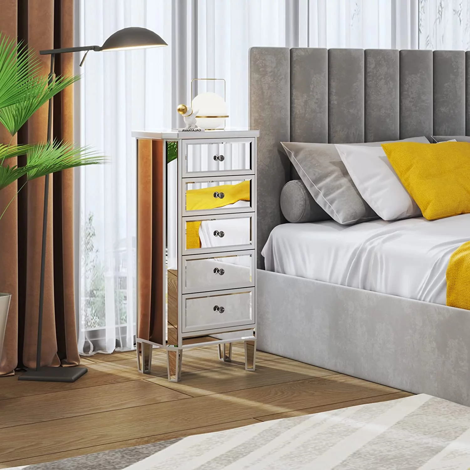 TJUNBOLIFE Mirrored Dresser 5 Drawers Modern Chest for Bedroom Dressing Room Living Room
