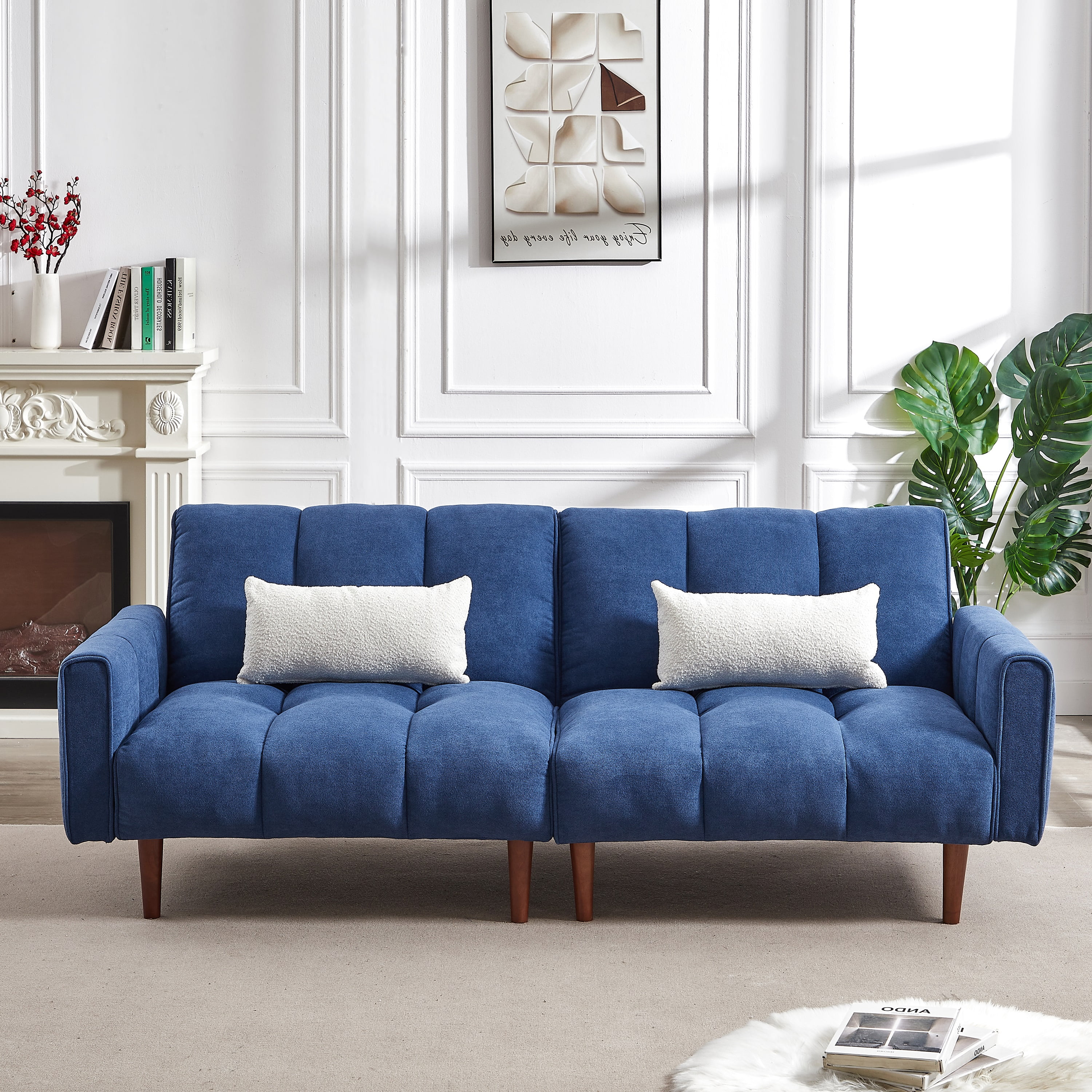 Momspeace Futon Convertible Sofa Bed, Upholstered Sleeper Sofa Couches Adjustable Back Loveseat for Living Room, Bedroom - Blue