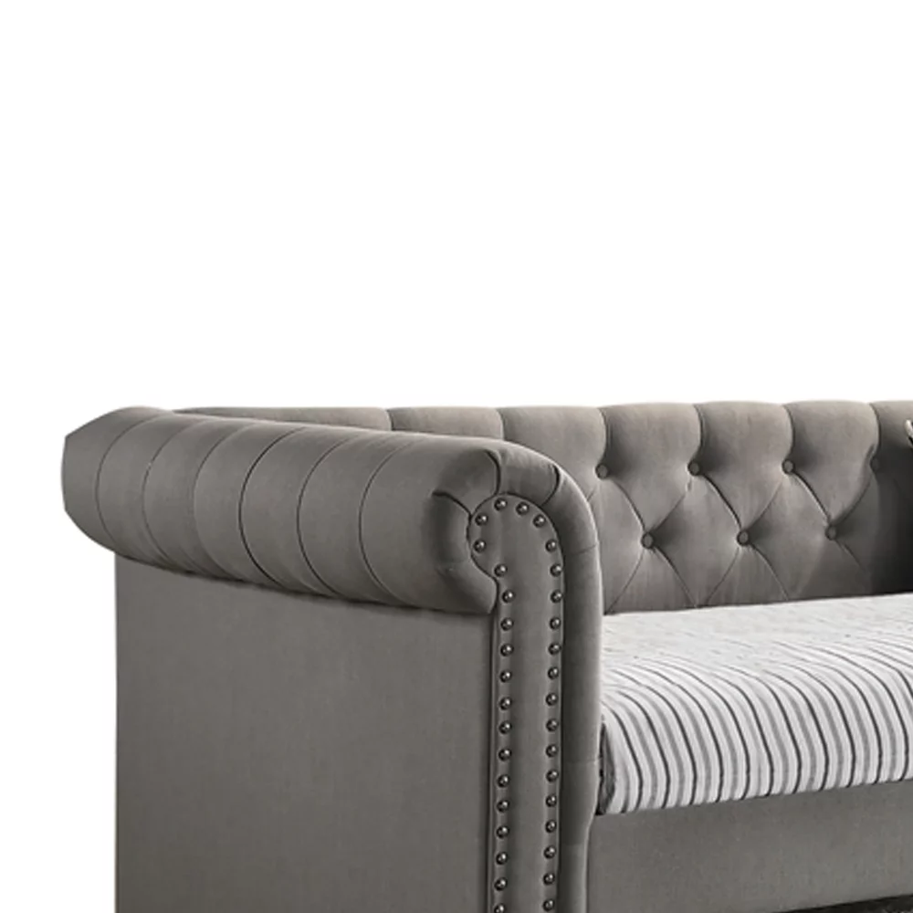 Fabric Upholstered Button Tufted Twin Daybed with Trundle Gray- Saltoro Sherpi