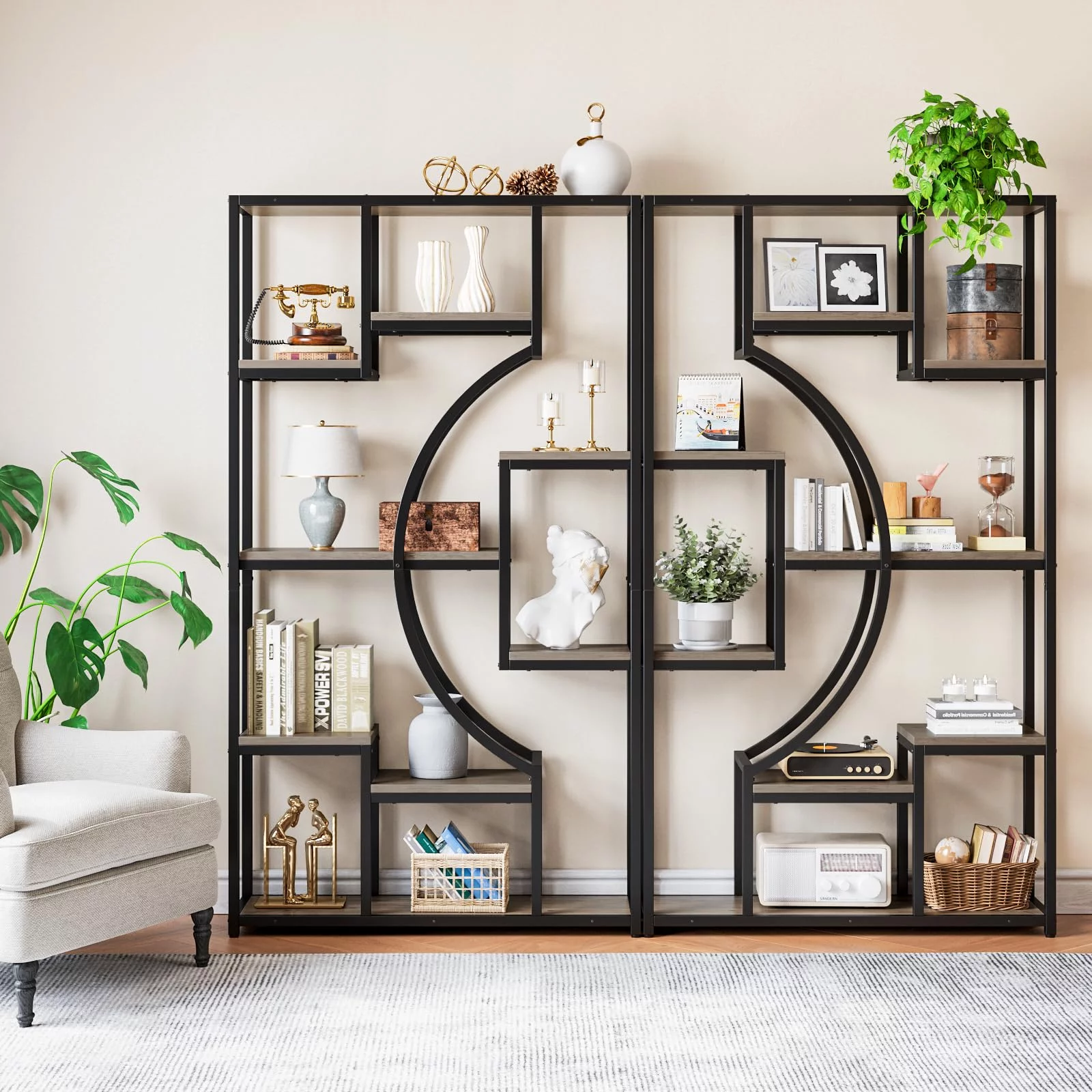 Relefree 70 in Bookcase, Set of 2 Tall Industrial Bookshelf with Open Display Shelves, Etagere Bookcases for Home Office, Living Room, Bedroom