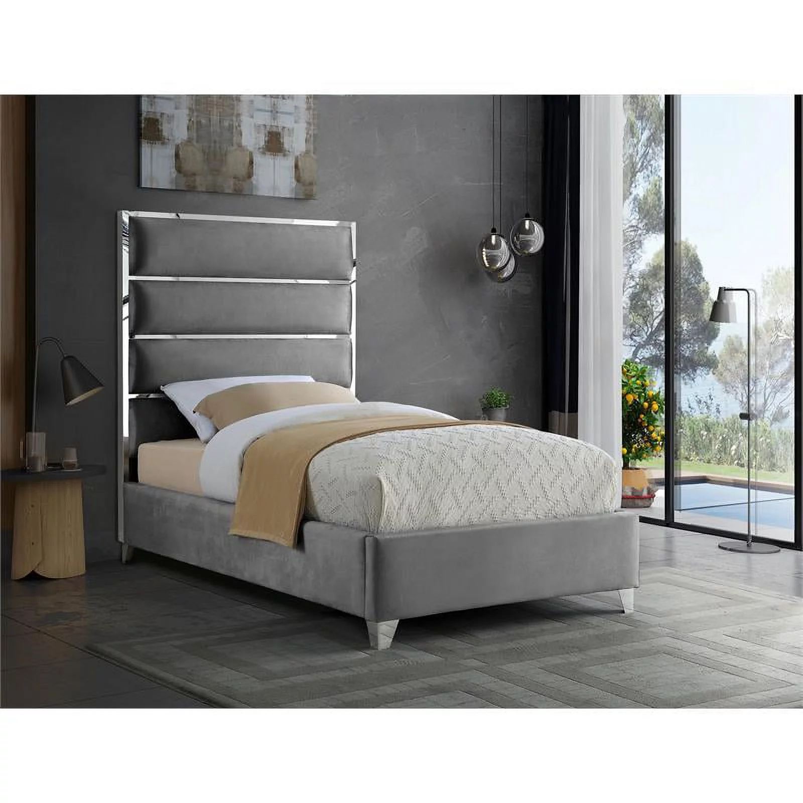 Meridian Furniture Zuma Solid Wood and Rich Velvet Twin Bed in Gray