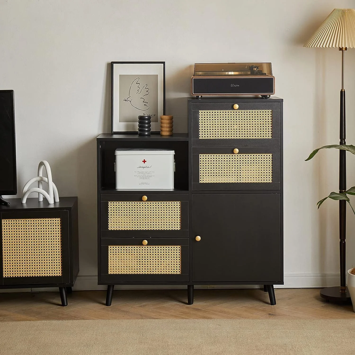 Rattan Dresser for Bedroom, Modern 4 Drawers Closet Dressers Chest of Drawers, Large Wood File Cabinet Accent Storage Organizer for Living Room, Hallway, Bedroom, Black