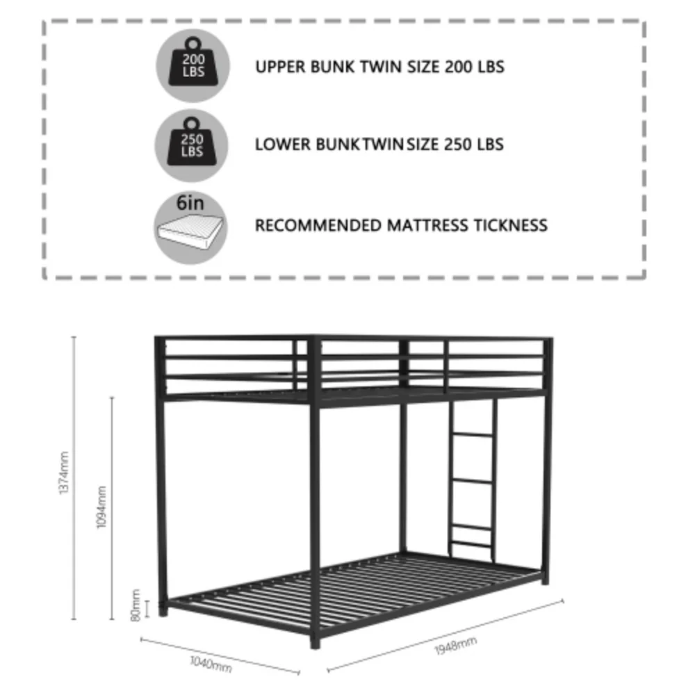 Adam Twin over Twin Metal Bunk, Black Metal + Black + Metal + Bedroom + Bed Frame + Box Spring Not Required