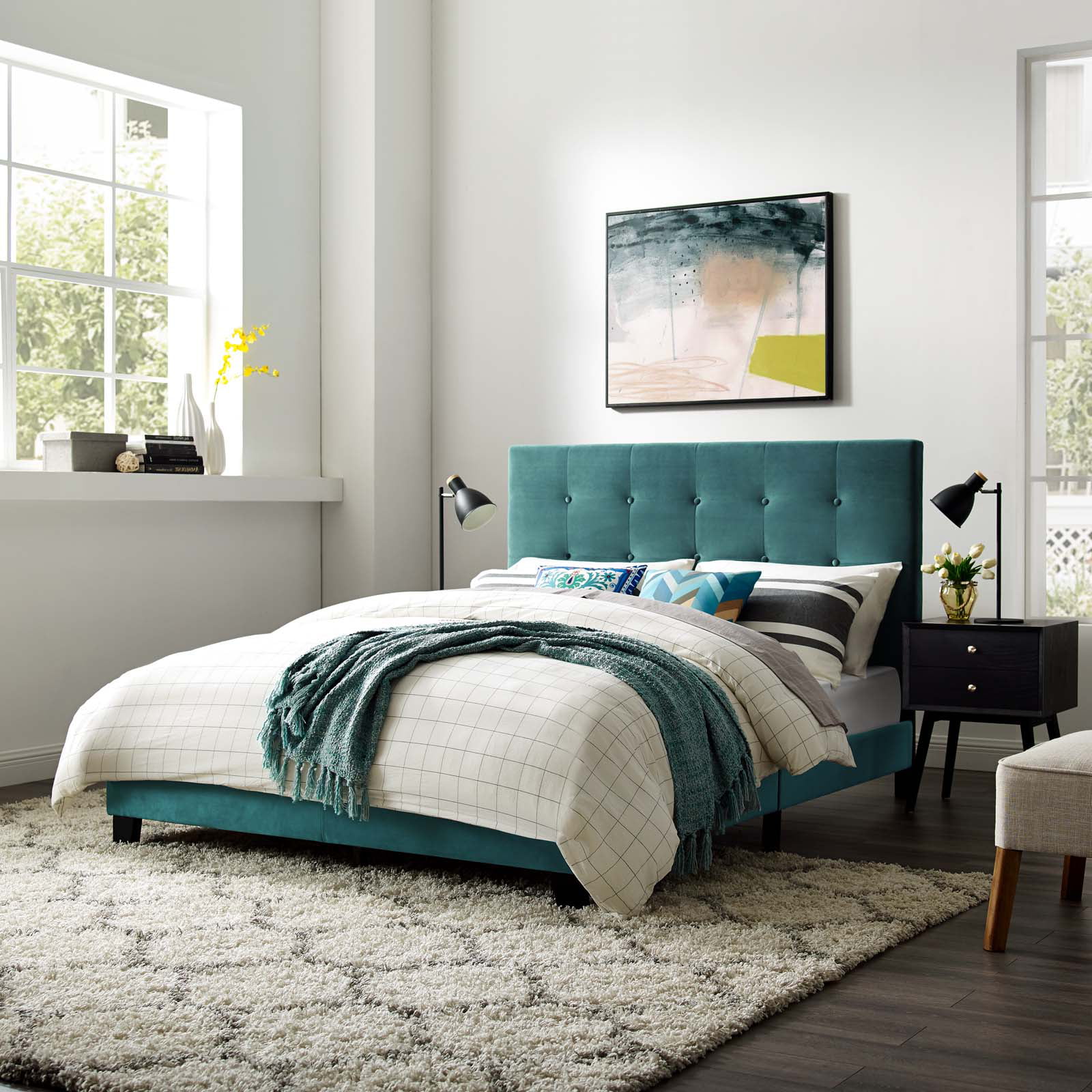 Contemporary Modern Urban Designer Bedroom Queen Size Platform Bed Frame, Velvet Fabric, Blue