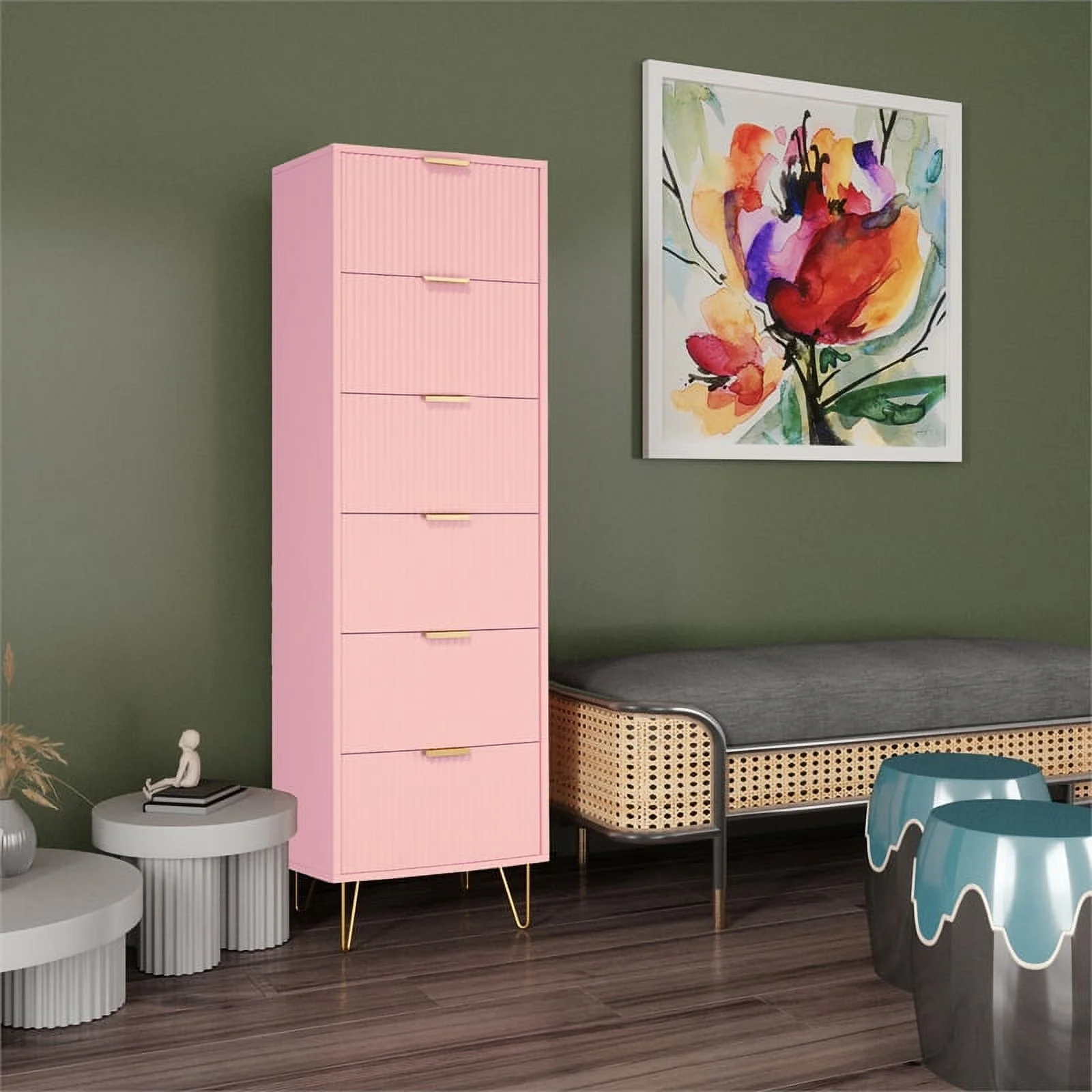 Better Home Products 6-Drawer Engineered Wood Lingerie Chest in Pink/Gold