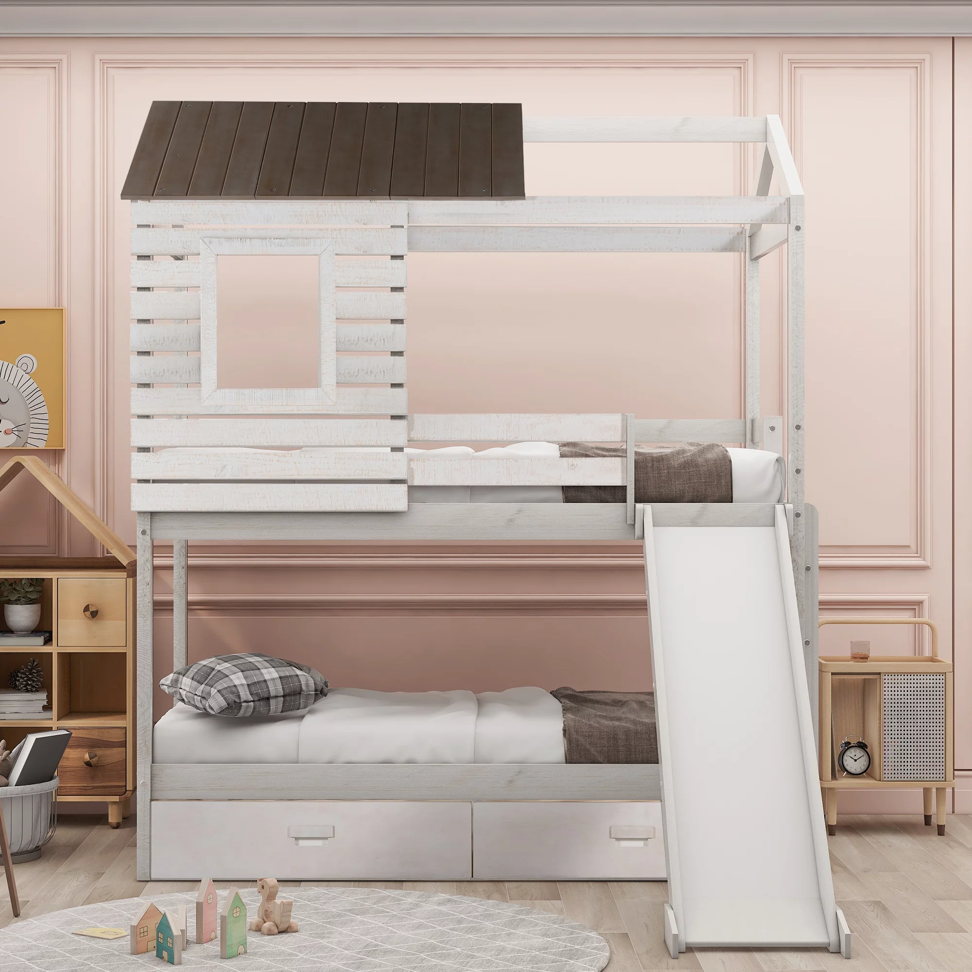 CoSoTower Twin Over Twin Bunk Bed With Two Storage Drawers And Slide, House-Shaped Wood Bunk Bed, Antique White