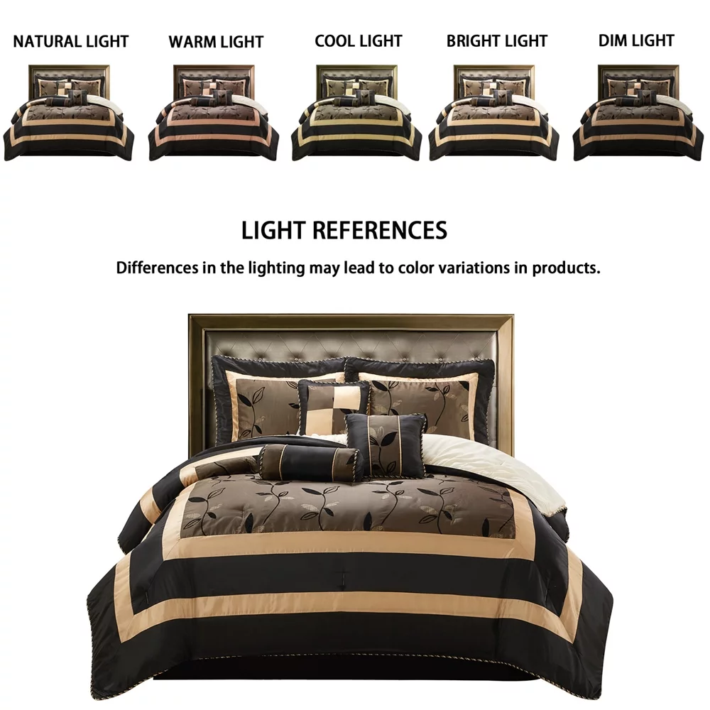 Lanco Arielle Classic Floral 7-Piece Bedroom Bedding Comforter Set, Bronze/Brown Black Beige, Bed Size Queen, 100% Polyester Fill