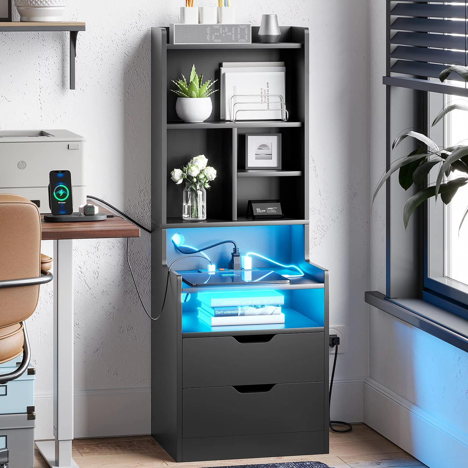 LED Tall Nightstand with Bookshelf and Charging Station, Modern End Side Table with 3 Drawer, Bedside Table for Bedroom, Black