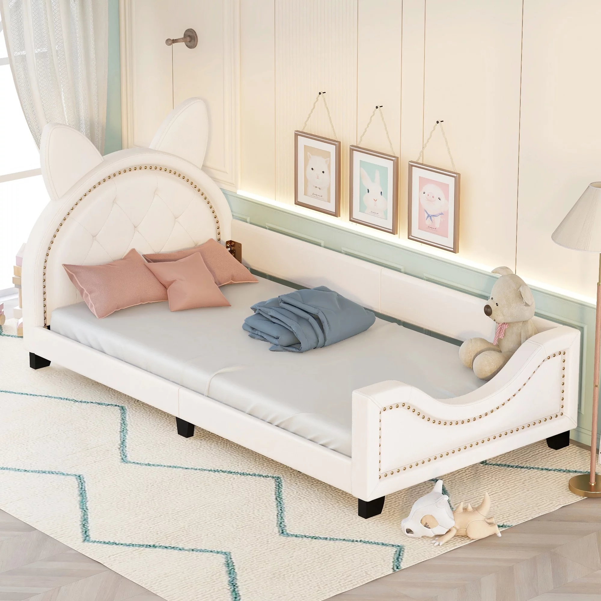 Twin Upholstered Daybed with Carton Ears Shaped Headboard and Sturdy Frame, Wood Slat Support, Living Room Sofa Bed PU Leather Bed for Bedroom Guest Room(White)