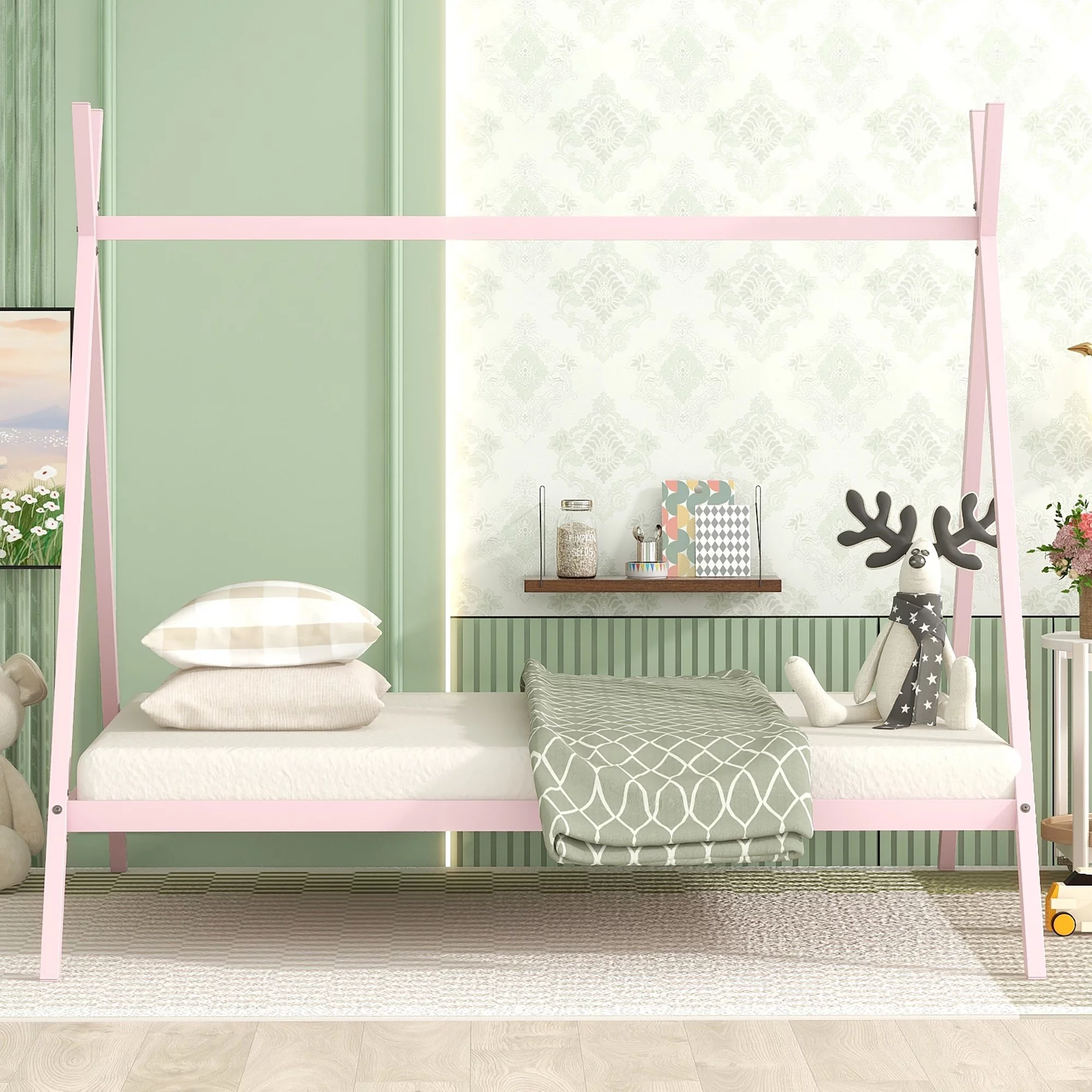 Metal Tent Bed with x-Shaped Frame, Full for Kids, Pink