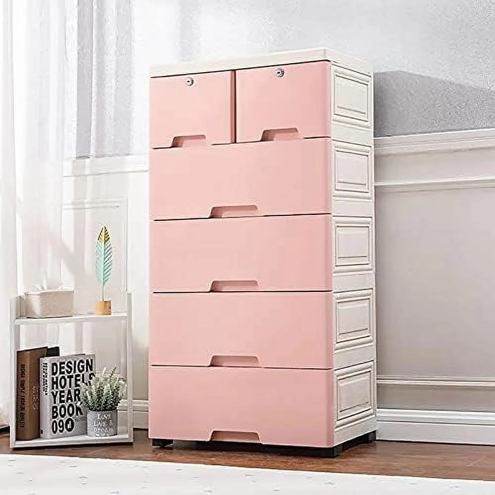 GEROBOOM Plastic Drawers Dresser with 6 Drawers and Wheels Plastic  Cabinet Dressers Closet Drawers Tall Dresser Organizer for Clothes Playroom Bedroom 19.7x13.8x40 inch (Pink)