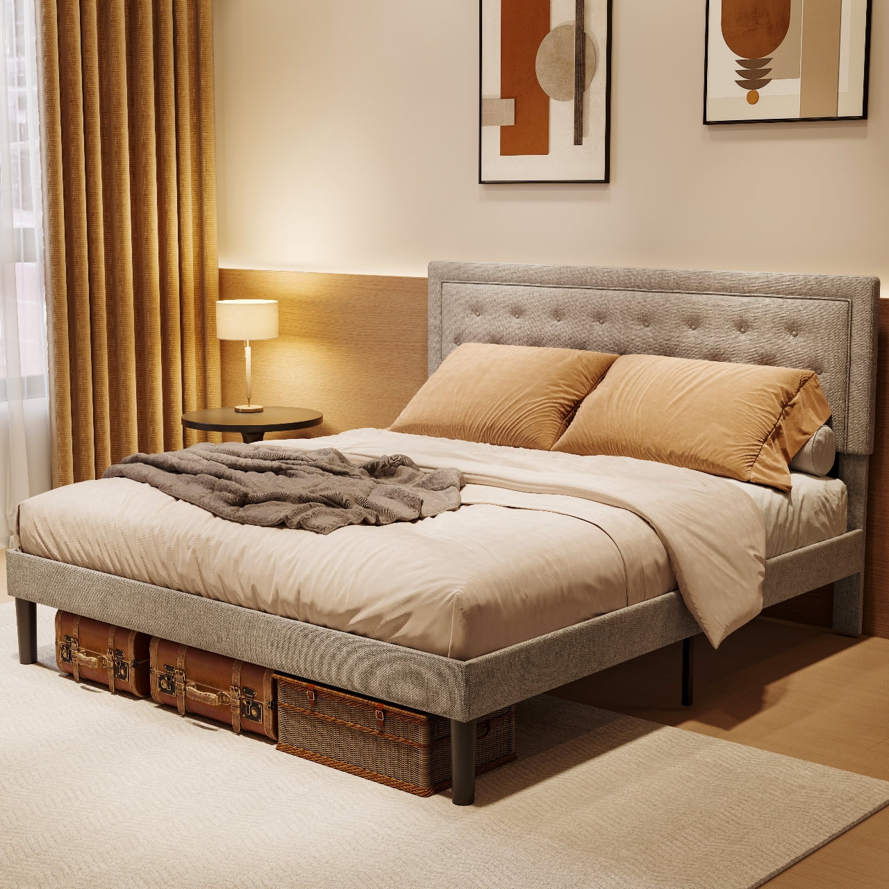 PINEART Bed Frame with Adjustable Headboard and Strong Wooden Slats, Strong Weight Capacity, Non-Slip and Noise-Free Features, No Box Spring Needed, Easy Assembly (King, Grey 603)