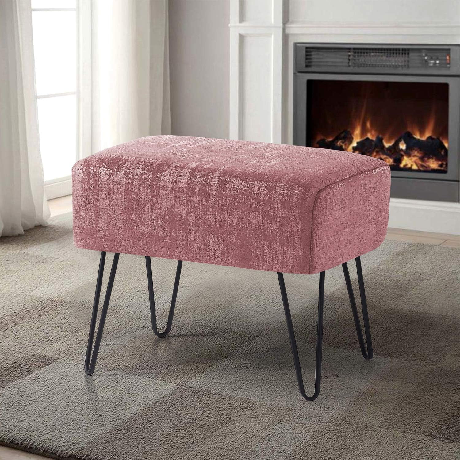 Textured Velvet Ottoman, Withered Rose, 19'' X 13'' X 17'' H, Fuzzy Entry Way Ottoman Bench For Living Room Bedroom End Of Bed Decorative Makeup Stool Foot Rest Chair Home Décor