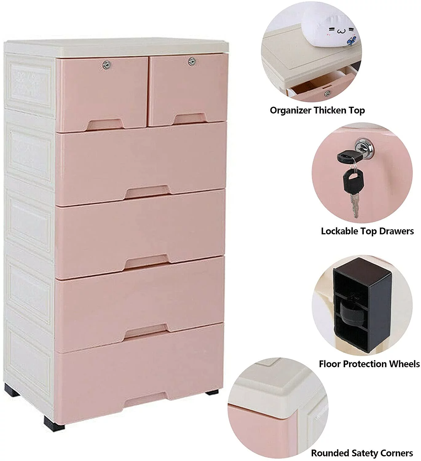 DENEST 6-Drawer Chest, Mobile Storage Dresser Cabinet with Lock for Bedroom(Pink)