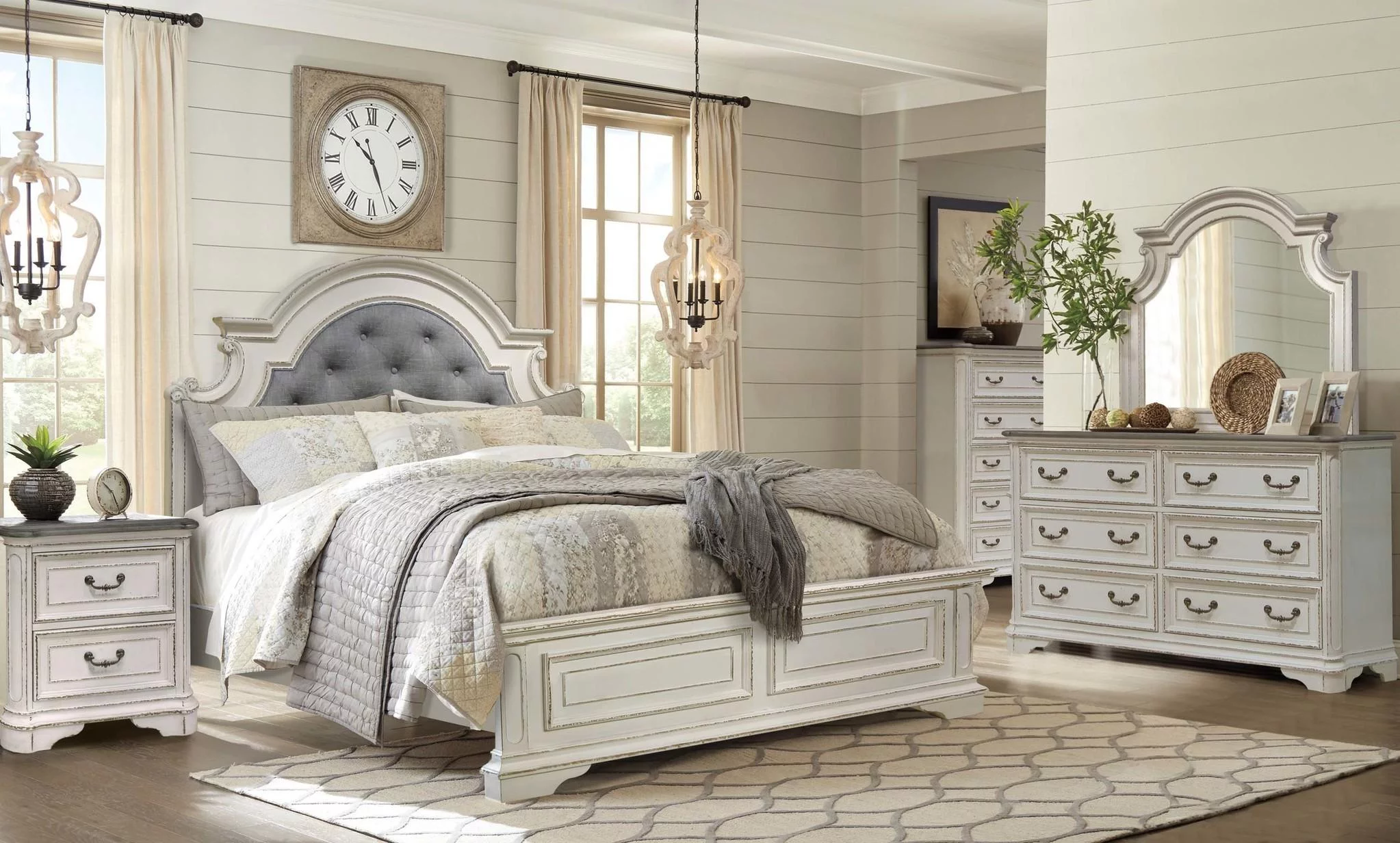 Country Distressed Whitewash Tufted King Bedroom Set 6Pcs McFerran B738 Classic