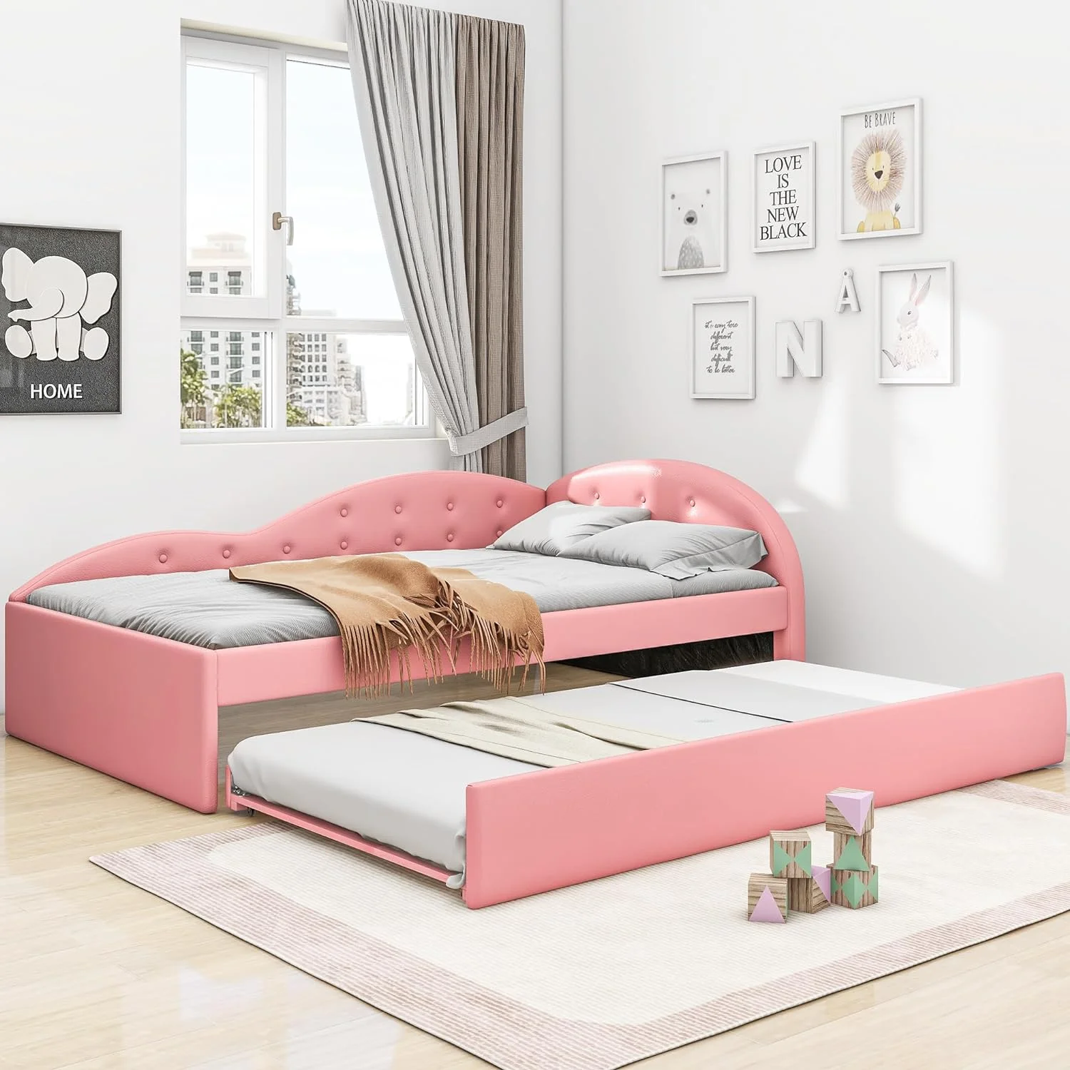 Size Daybed Wih rudle, Faux Leaher Upholsered Day Bed Frame, Boom ufed Sofa Bed Wih Cloud Shaped Rails For Bedroom Livig Room Gues Room,