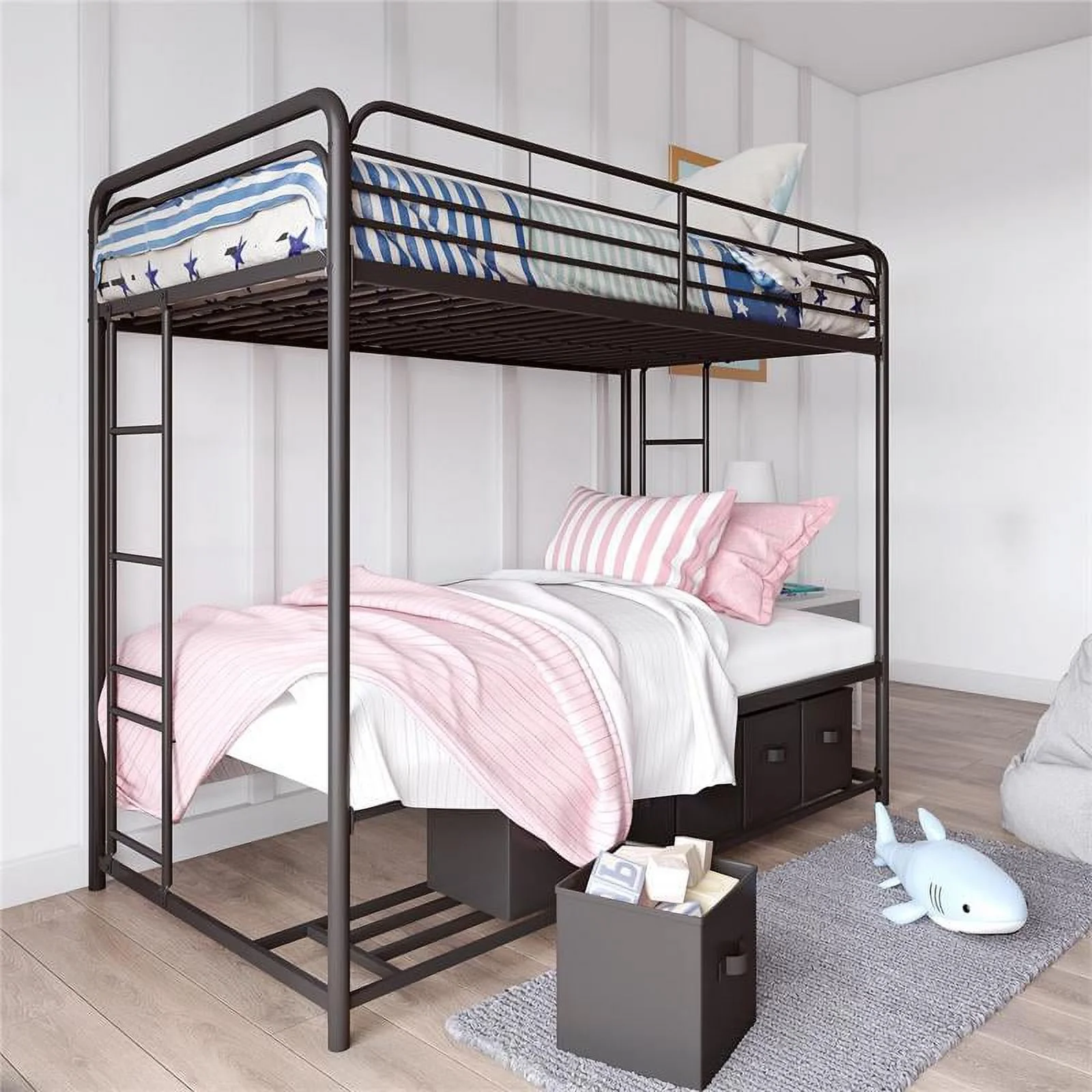 Pemberly Row Transitional Twin Over Twin Bunk Bed with Storage Bins in Black