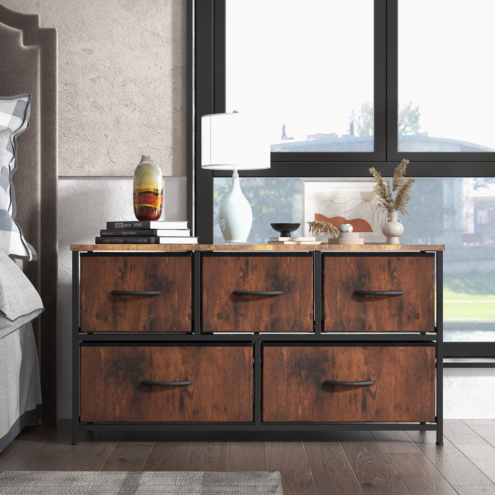 CoSoTower Dresser for Bedroom Storage Drawers Fabric Storage Tower with 5 Drawers, Chest of Drawers with Fabric Bins
