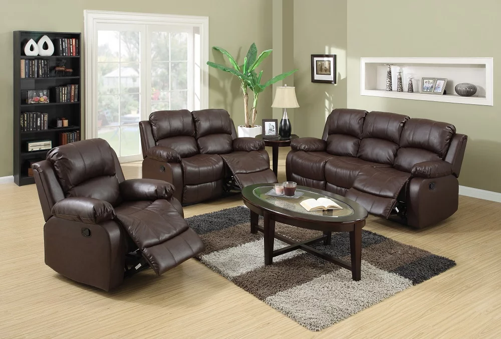 PonLiving Furniture 3-Pieces Reclining Living Room Sofa Set,Bonded Leather,Brown