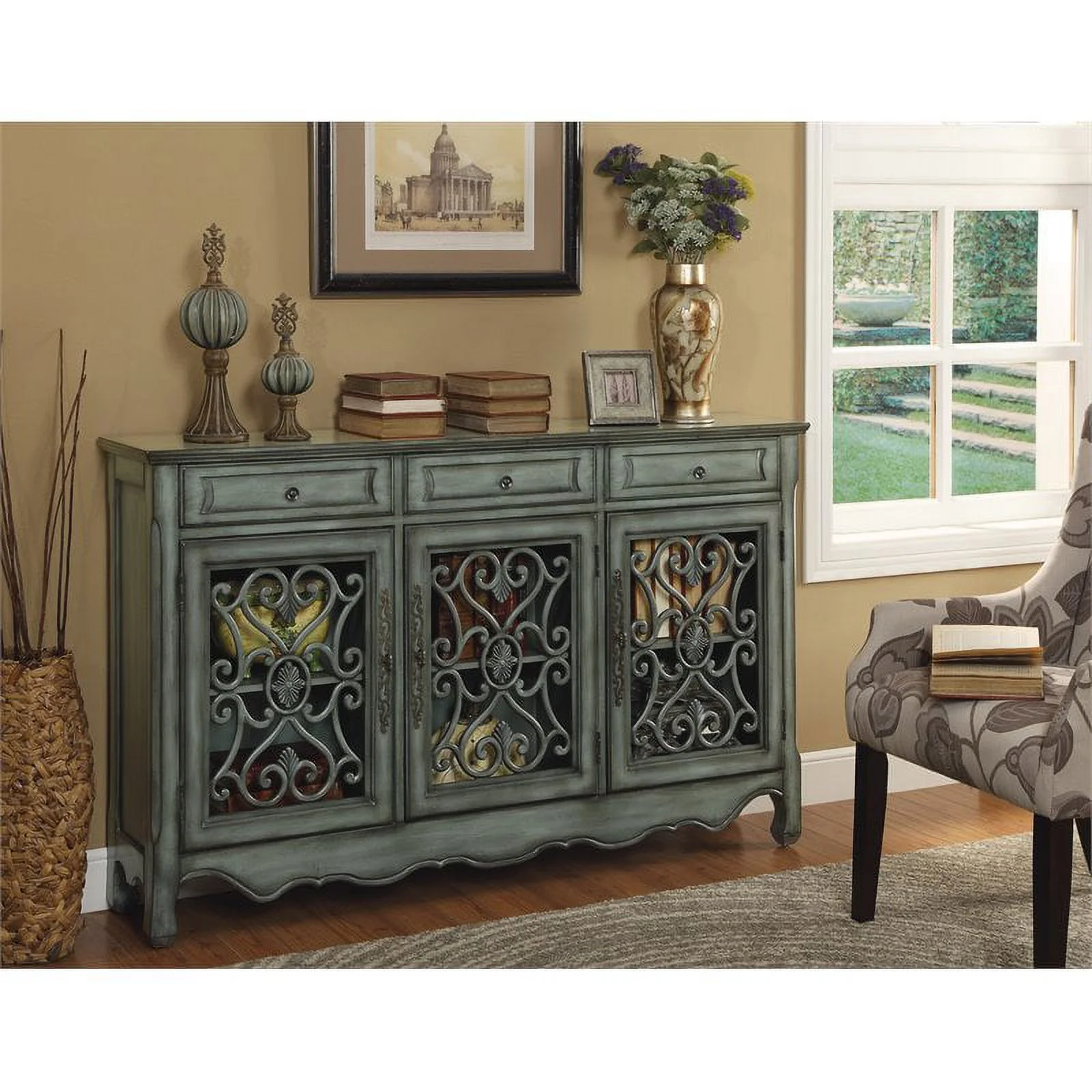 Pemberly Row Hood Green Grey Three Drawer Three Door Credenza