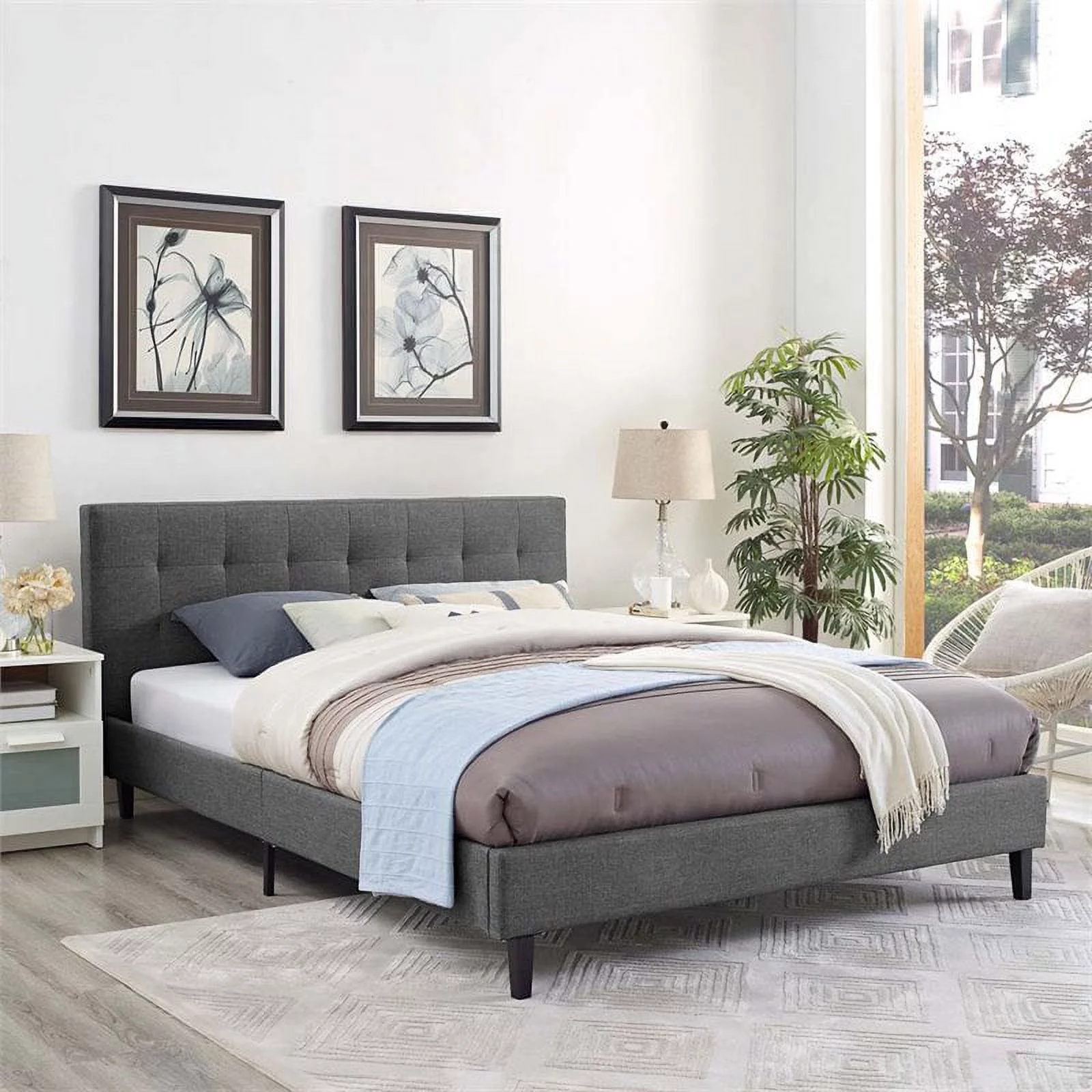 Rosebery Kids Modern Upholstered Fabric Queen Platform Bed in Gray, with Padded Headboard and Wood Slats Support
