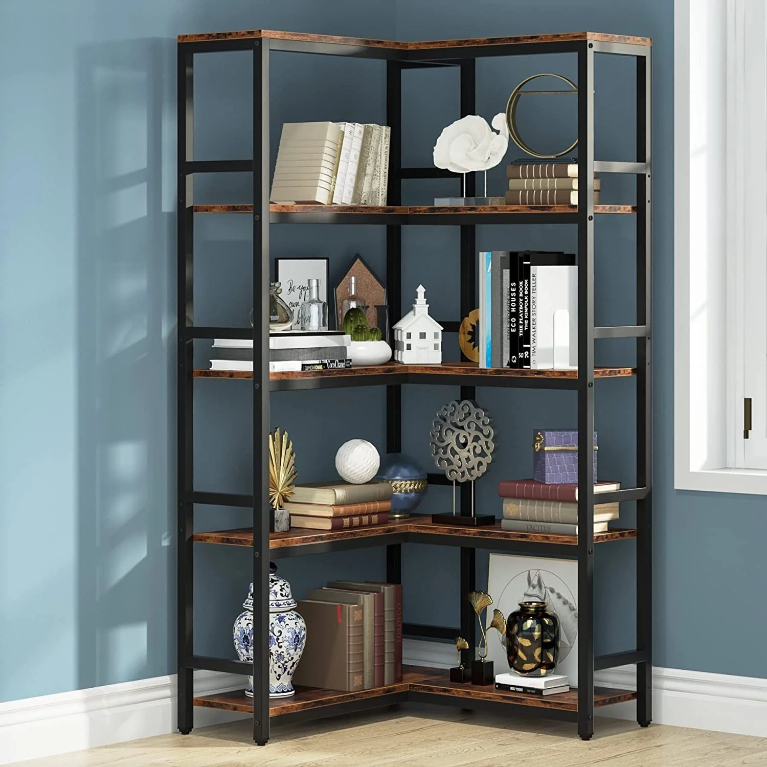 Industrial Corner Bookshelf, Large Corner Etagere Bookcase for Living Room Home Office, Rustic Brown (5-Tier/7-Tier) Brown 5-Tier 5