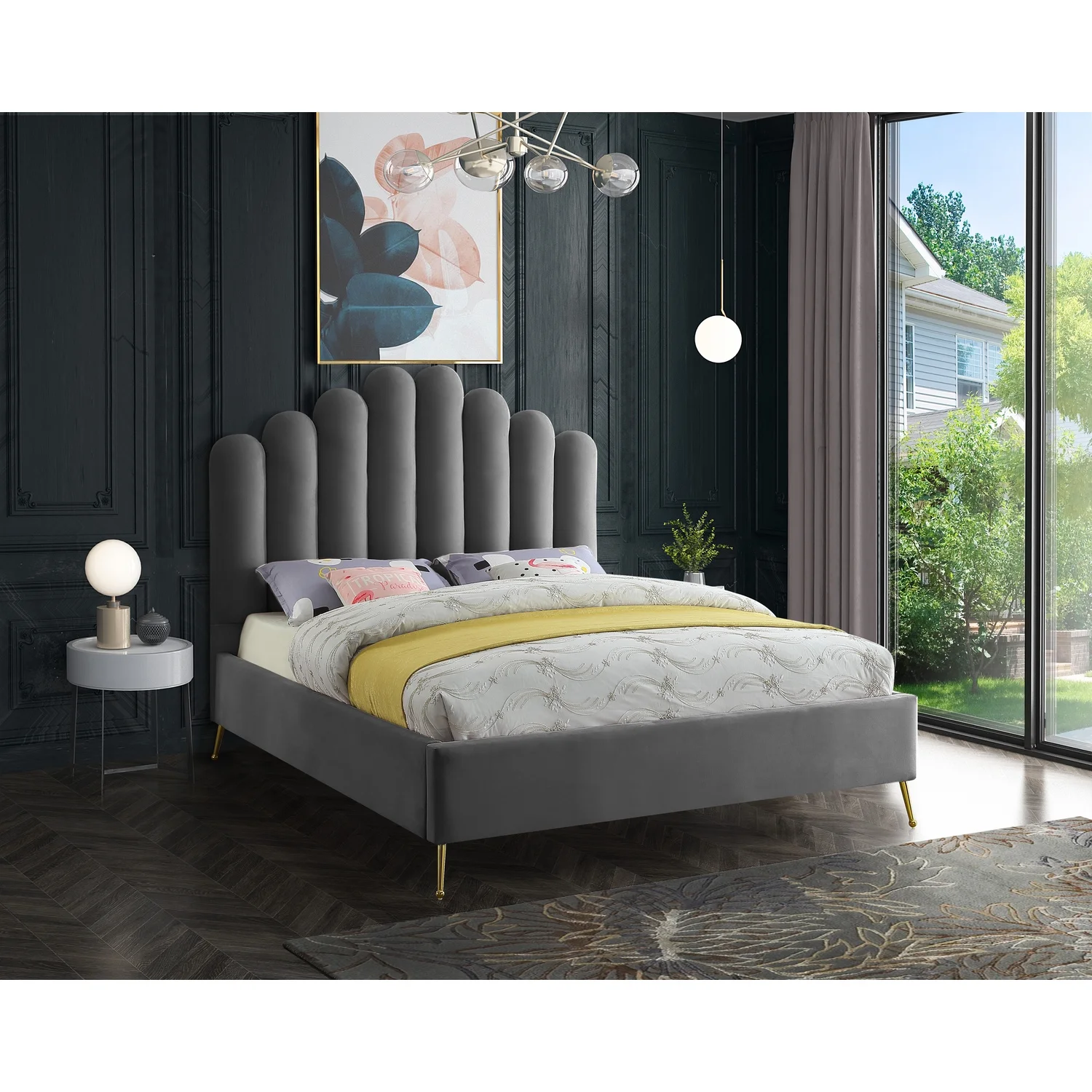 Maykoosh Modern Minimalism Velvet Upholstered Platform Bed with Sturdy Gold Steel Legs and Deep Channel Tufted Headboard
