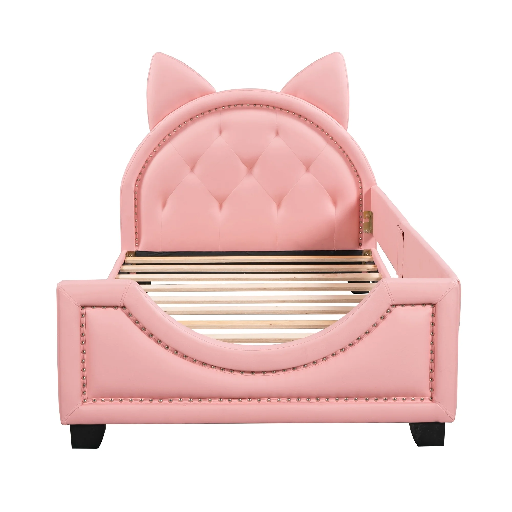 Twin Size Upholstered Daybed with Carton Ears Headboard, Rabbit-Shaped Cute Platform Bed Frame with Button for Boys Girls, Pink