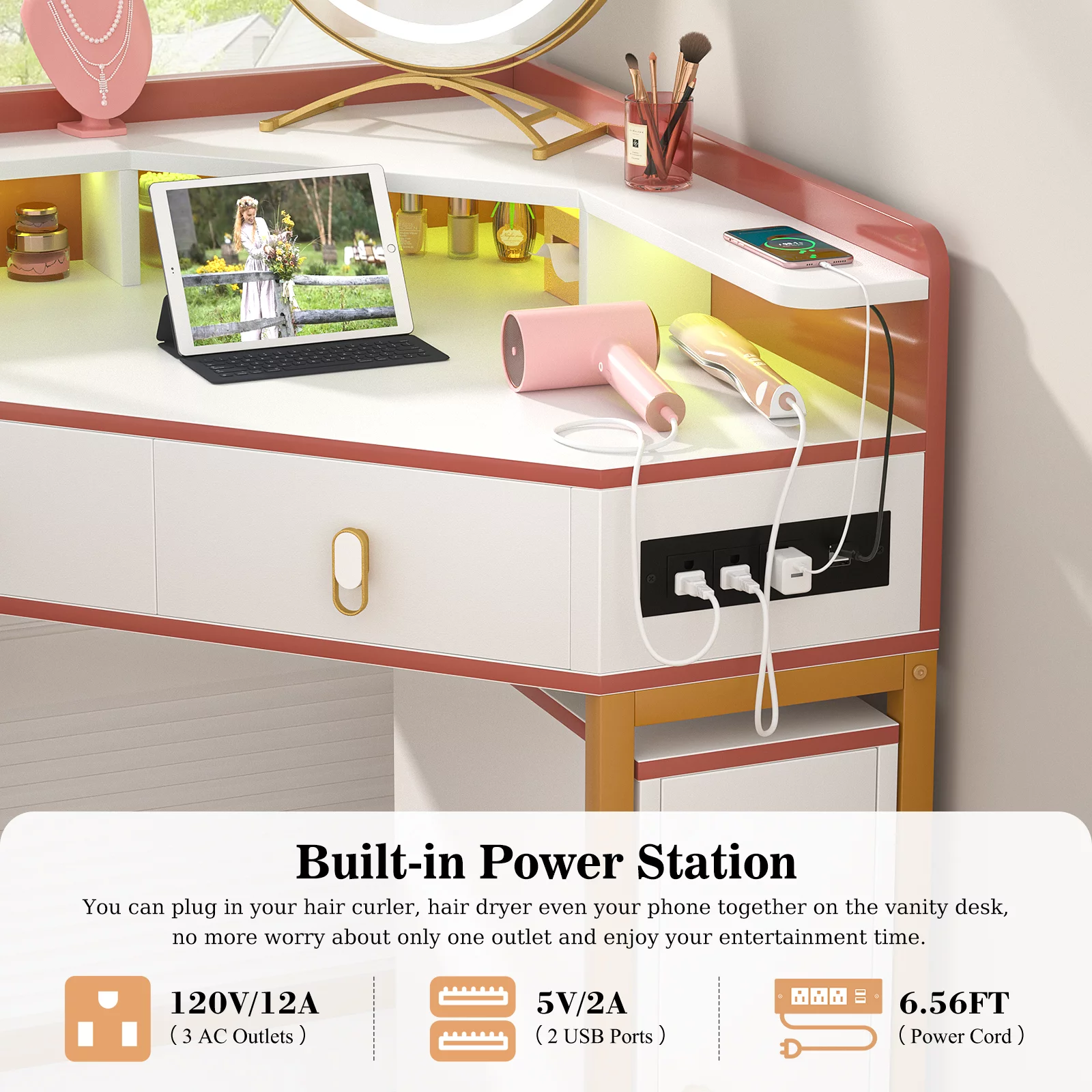 Homieasy Vanity Desk with Lighted Mirror & Power Outlets, Vanity Table Set with Soft Stool & LED Strips, Reversible Corner Makeup Desk with 2 Drawer & Large Storage Cabinet for Bedroom, Brown White