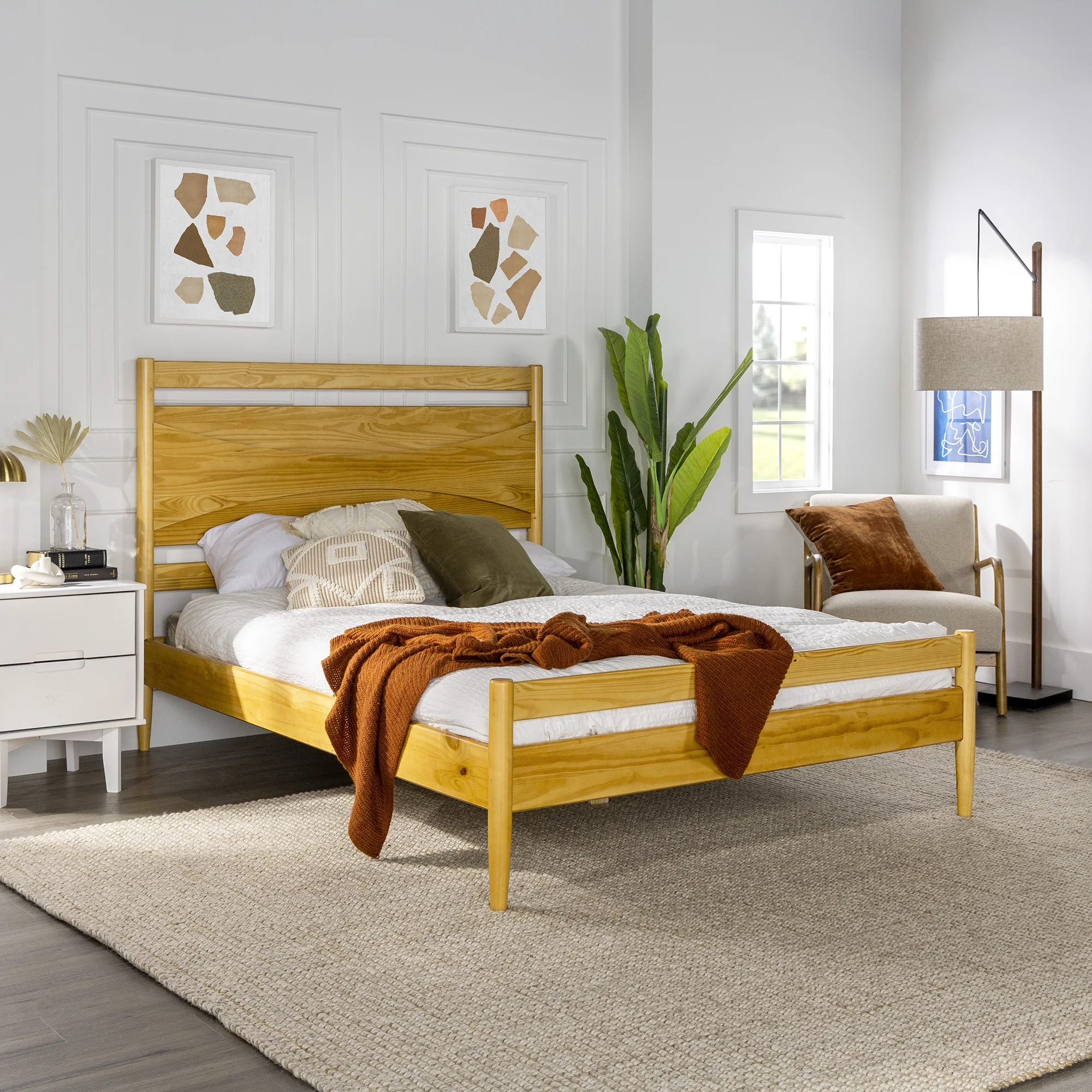 Walker Edison Mid Century Modern Solid Wood Platform Queen Bed Frame, Light Oak