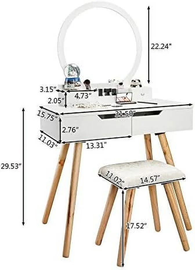 RUNFAYBIU Large  Vanity Table with LED Light Mirror & 4  Drawers  White Vanity Set w/Cushioned Stool & 4 Drawers  31.5" L Dressing Table Dresser Desk for Women  Girls  Bedroom