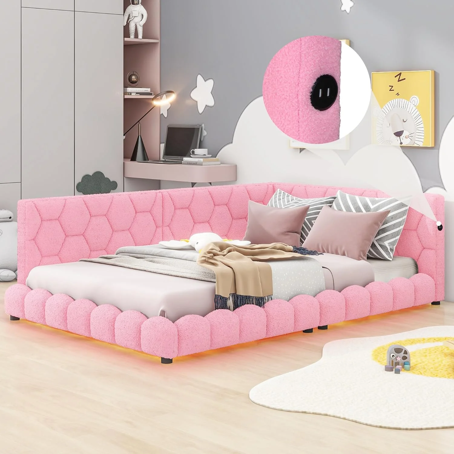Upholstered Full Size Platform Bed With USB Ports Ad LED Belt,Wood Teddy Fabric Corer Daybed Frame For Livigroom,Bedroom,Pik