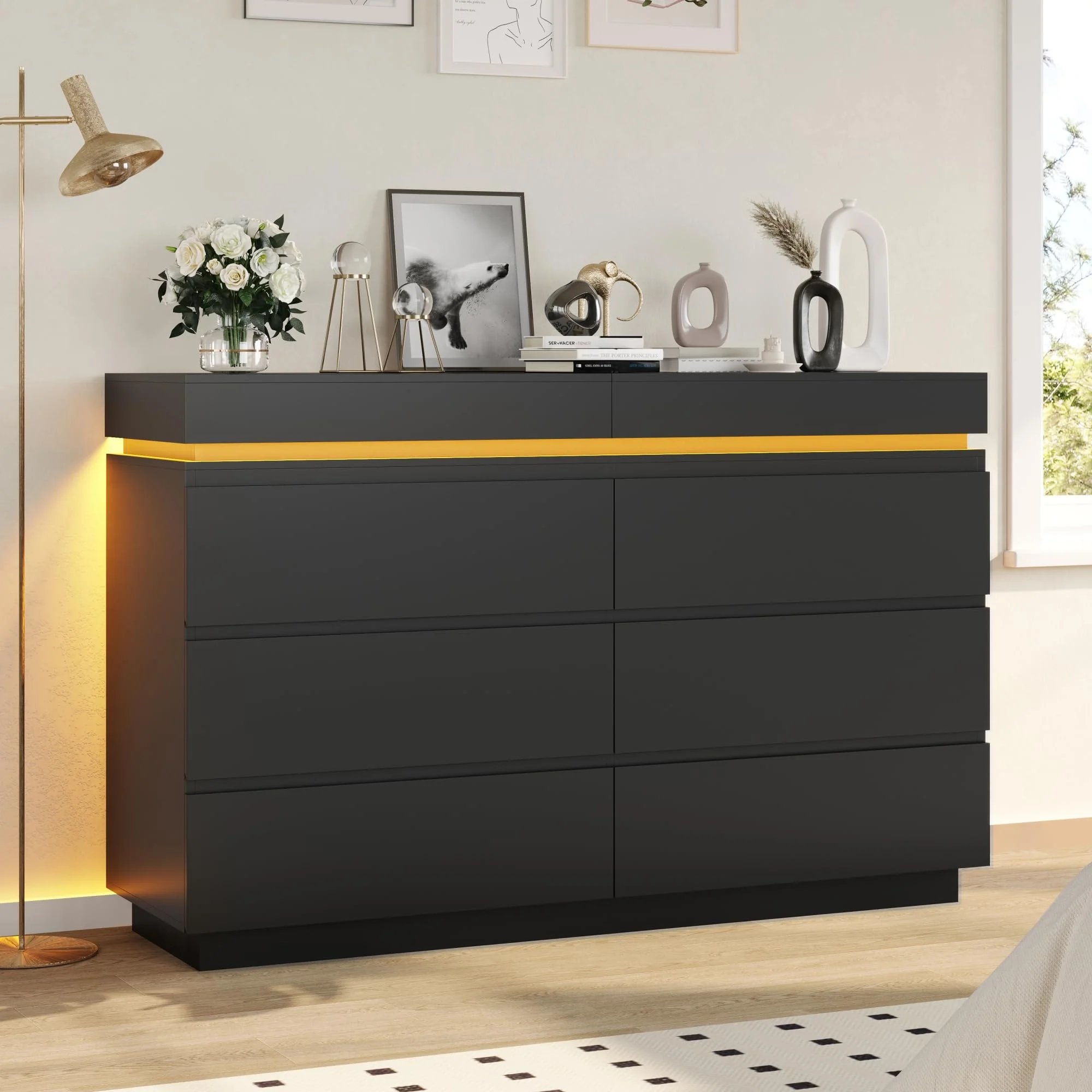 6 Drawer Dresser with Sliding Desktop, Wide Chest of Drawers with Charging Station and LED Lights, Classic Black