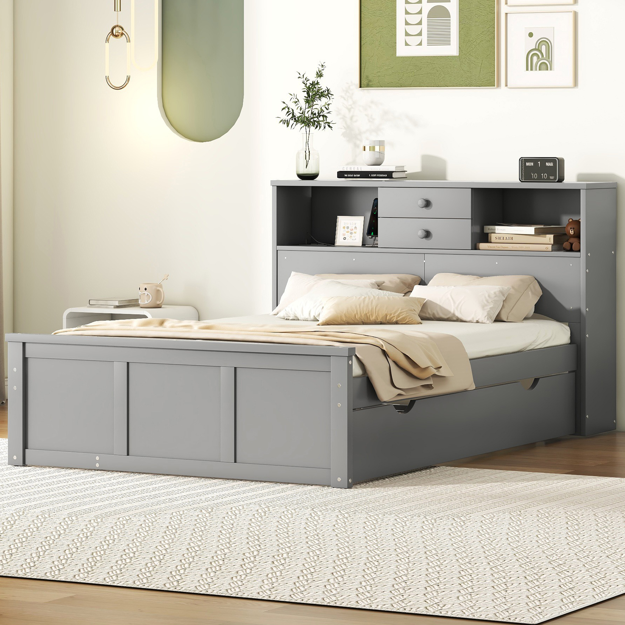 CoSoTower Full Size Wood Pltaform Bed with Win Size Trundle, 3 Drawers, Upper Shelves and A Set of USB Ports & Sockets, Gray