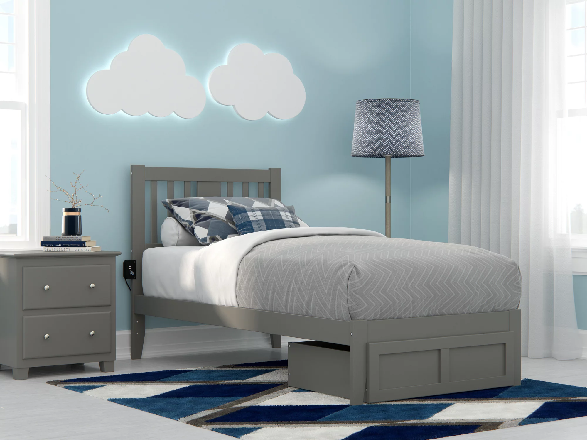 Tahoe Contemporary Wood Storage Slat Bed, Twin, Grey