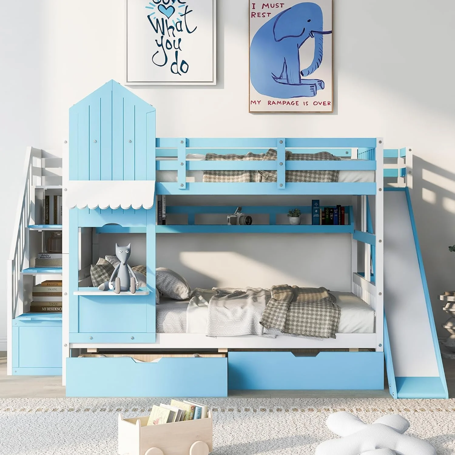 Castle Bunk Bed Over ,Wooden Bunk Beds With Slide And Storage Stairs,Space Saving Bunk Bed With 2 Drawers And 3 Shelves,Kids Bunk Bed For Girls Boys,