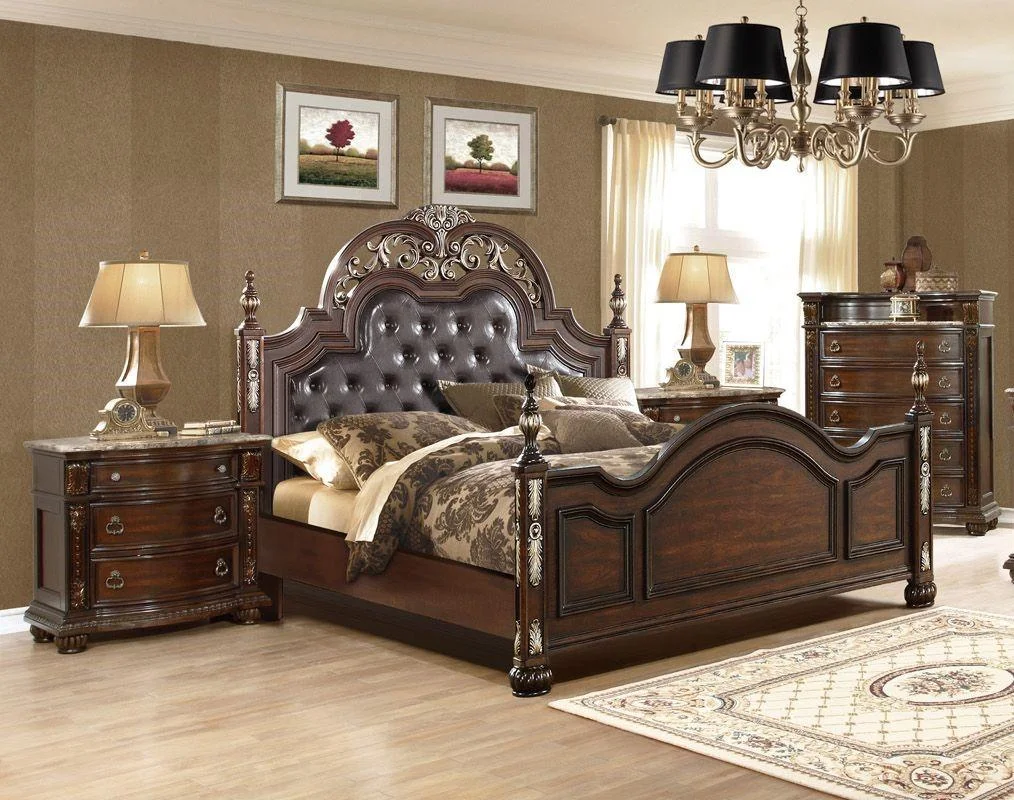 Dark Cherry Upholstered Queen Size Bedroom Set 3Pcs Traditional McFerran B9504