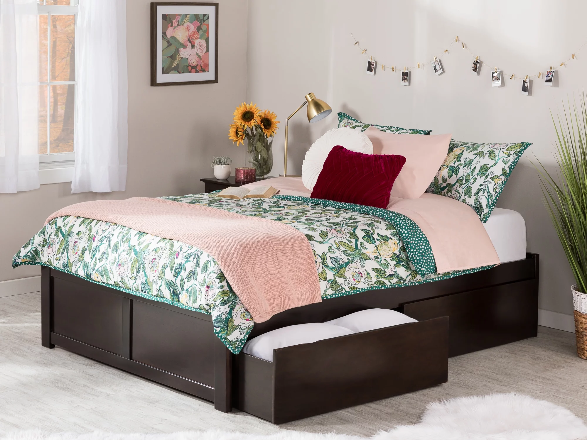 AFI Concord Full Solid Wood Platform Bed with Footboard & 2 Storage Drawers in Espresso
