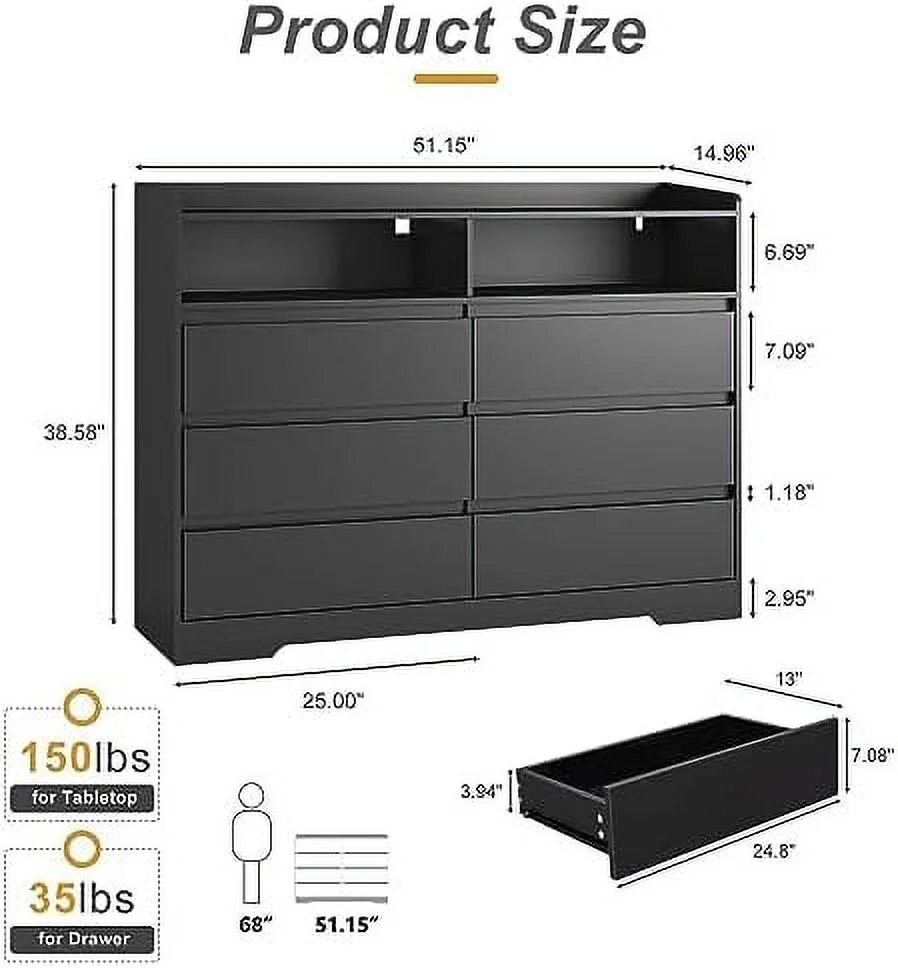 KHBIULIFE White Dresser for Bedroom  6 Drawer Dresser with LED Light and 2  Cubby Chest of Drawers & Dresser Wood Dresser  TV Stand Double Dresser for Kid's Room Nursery
