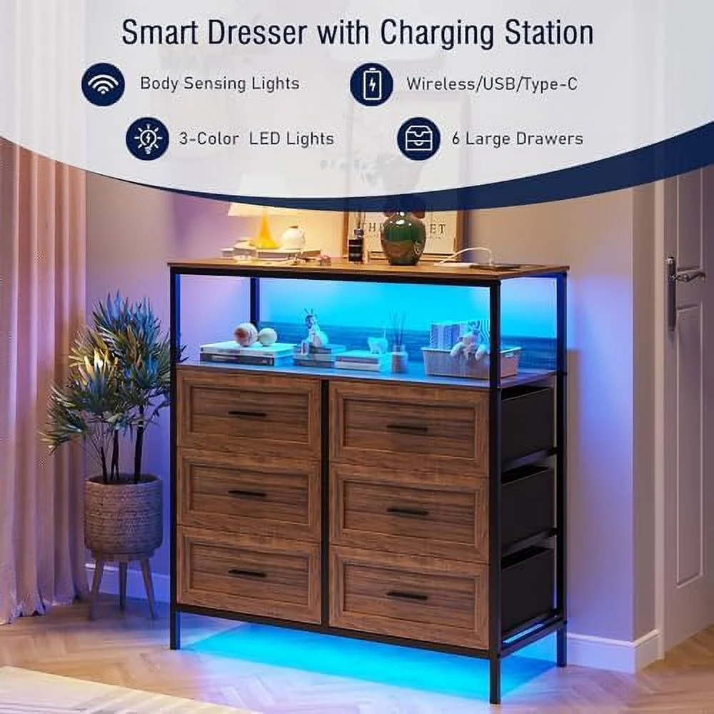 NLIBOOMLife Dresser for Bedroom with Charging Station and Human Sensor  6 Large Drawers Dresser with LED Lights  Wide Chest of Drawers with Open   Dresser for Living Room  Closet  Brown