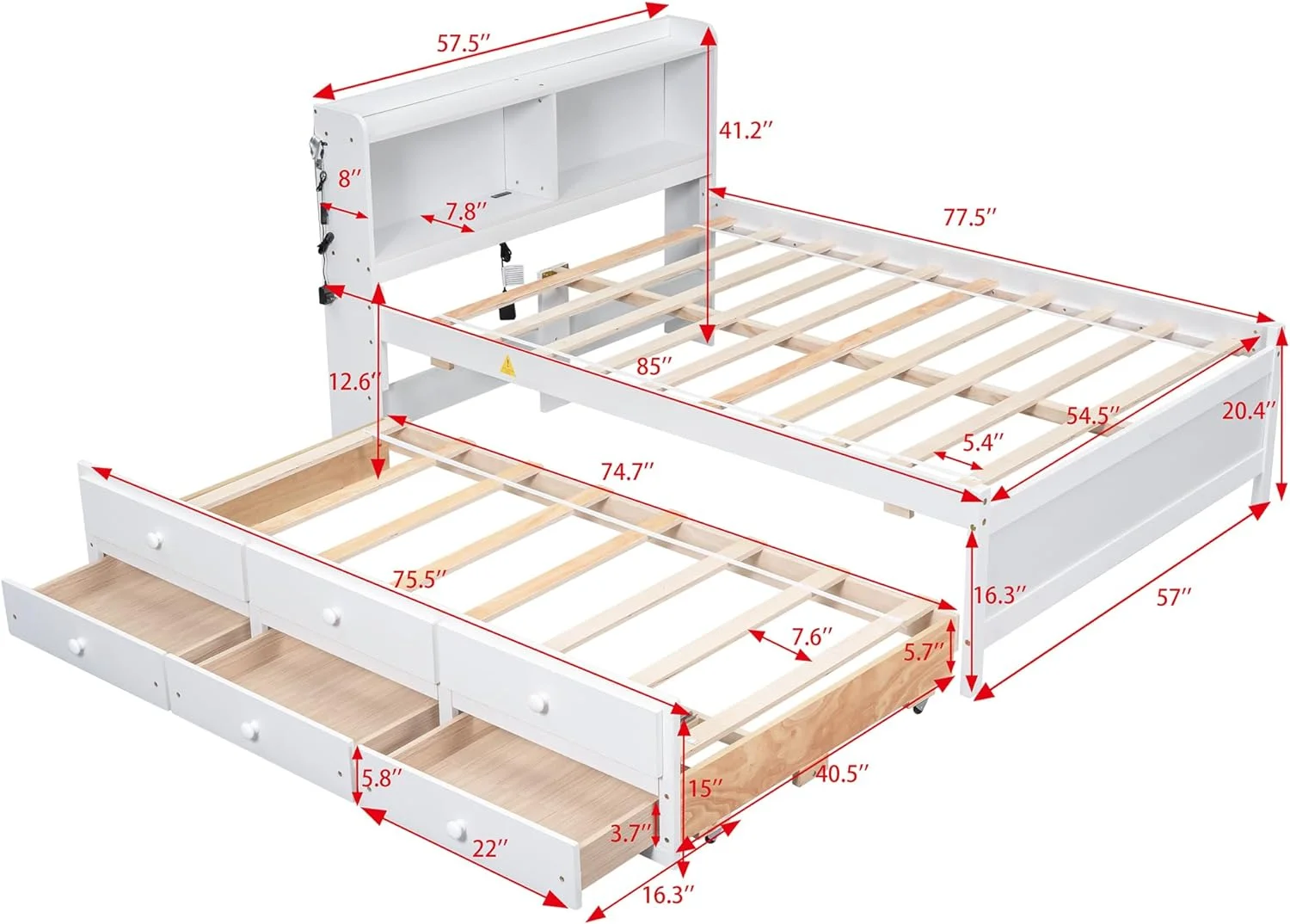 Full Size Bed With Trudle Ad Drawers, Full Stora Bed With Bookcase Headboard, USB,Type-C Ports Ad LED Light, Wood Full Bed Frames For Kids Tees Adults - White
